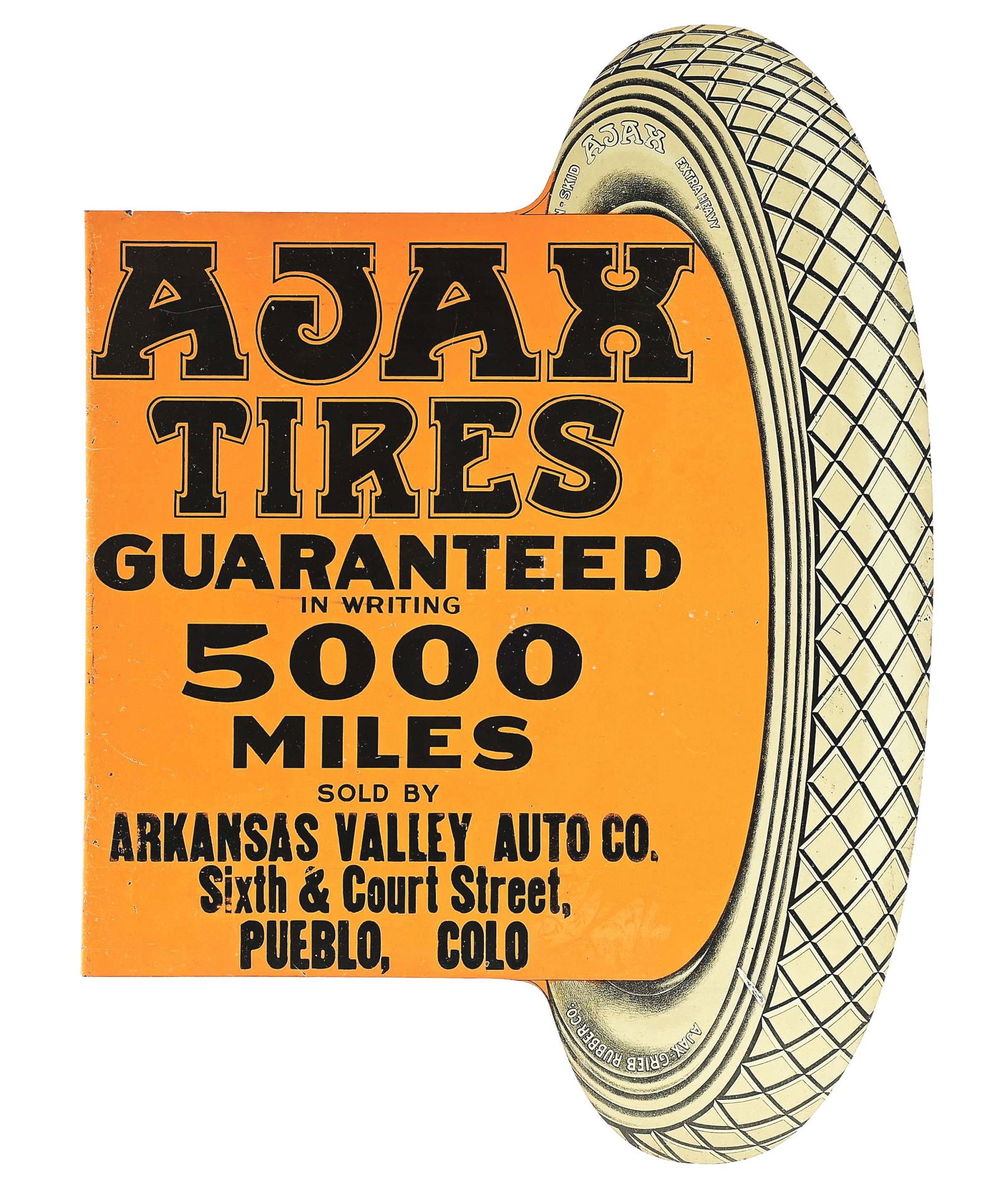 OUTSTANDING AJAX "5000 MILES" TIRES TIN FLANGE SIGN W/ TIRE GRAPHIC. (1 of 4)