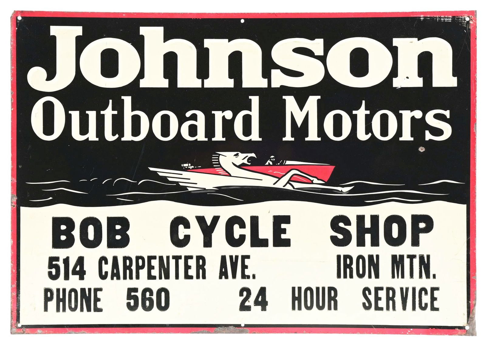 JOHNSON OUTBOARD MOTORS EMBOSSED TIN SIGN W/ BOAT GRAPHIC. (1 of 2)