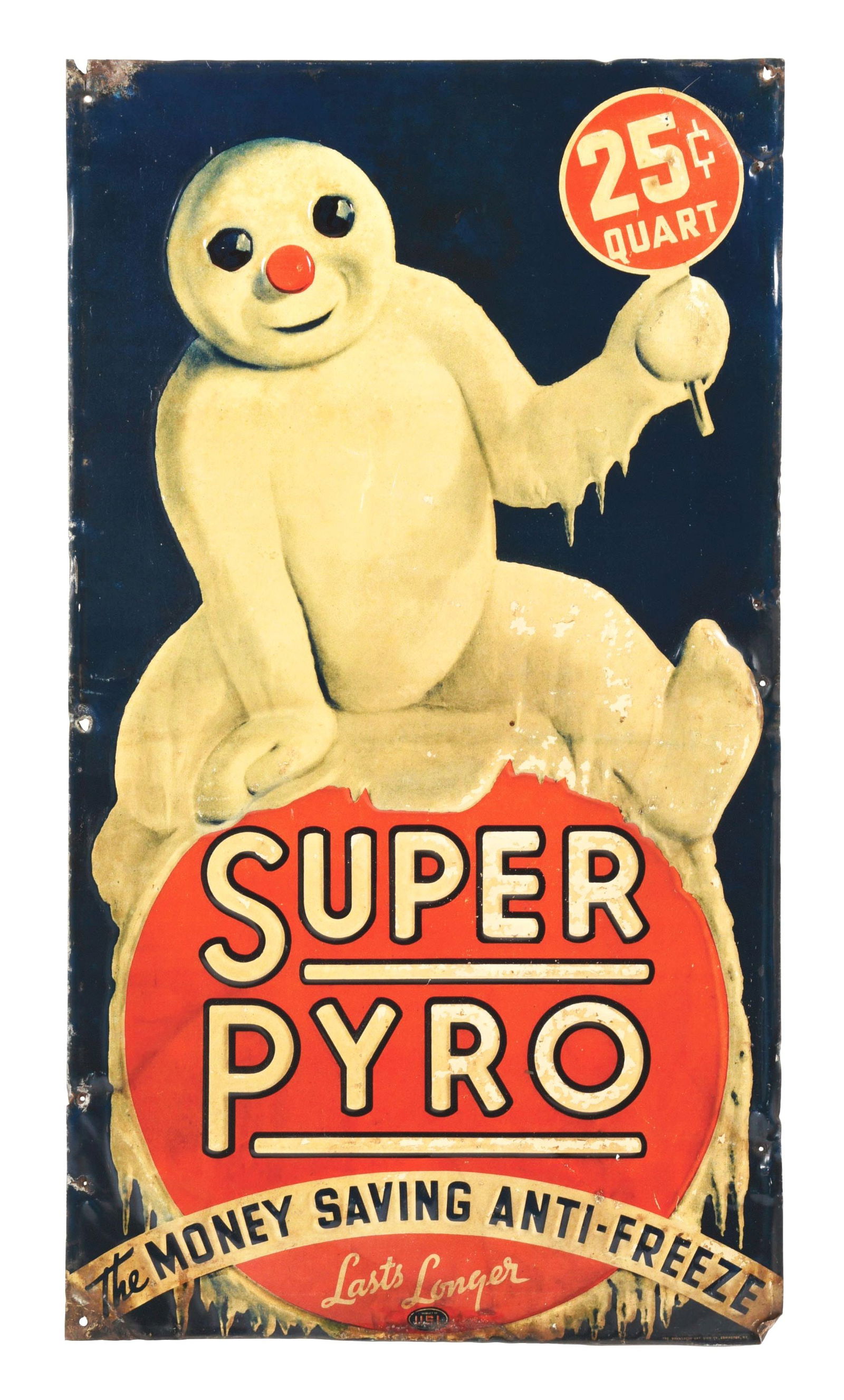 SUPER PYRO ANTI-FREEZE TIN SIGN W/ SNOWMAN GRAPHIC. (1 of 2)
