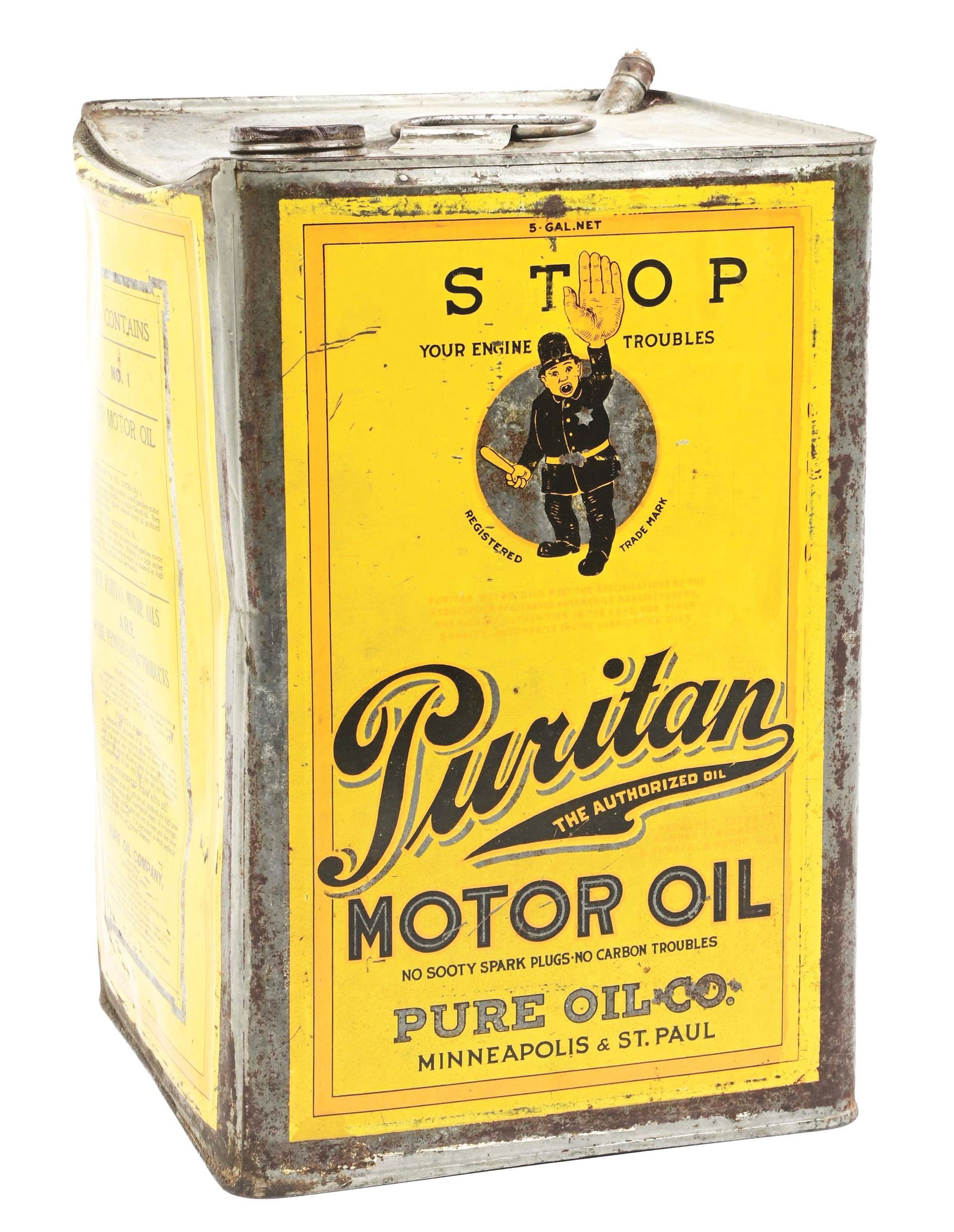PURITAN MOTOR OIL FIVE GALLON CAN W/ POLICE OFFICER GRAPHIC. (1 of 4)