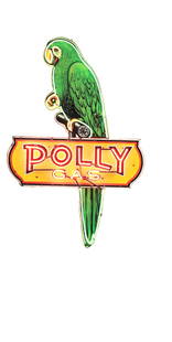 POLLY GAS PORCELAIN NEON SIGN W/ ORIGINAL METAL CAN.: AGS CERTIFIED #11271. SSP. An outstanding example of this all original Porcelain Neon Sign from Polly Gasoline showing iconic Parrot on Perch graphic. Sign has never been removed from its original can