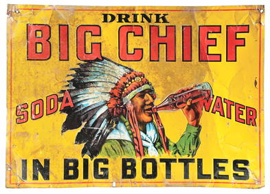 DRINK BIG CHIEF SODA WATER EMBOSSED TIN SIGN W/ NATIVE AMERICAN GRAPHIC. (1 of 2)