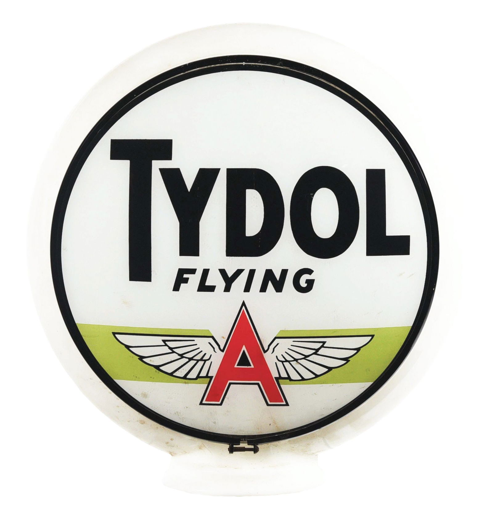 N.O.S. TYDOL FLYING A COMPLETE 13.25" GLOBE ON MILK GLASS GILL BODY W/ ORIGINAL BOX.: Complete 13.25" Globe On Milk Glass Gill Body. An outstanding New Old Stock example of this Globe from Tydol found in its original shipping box. CONDITION: Lens one is outstanding showing excellent co