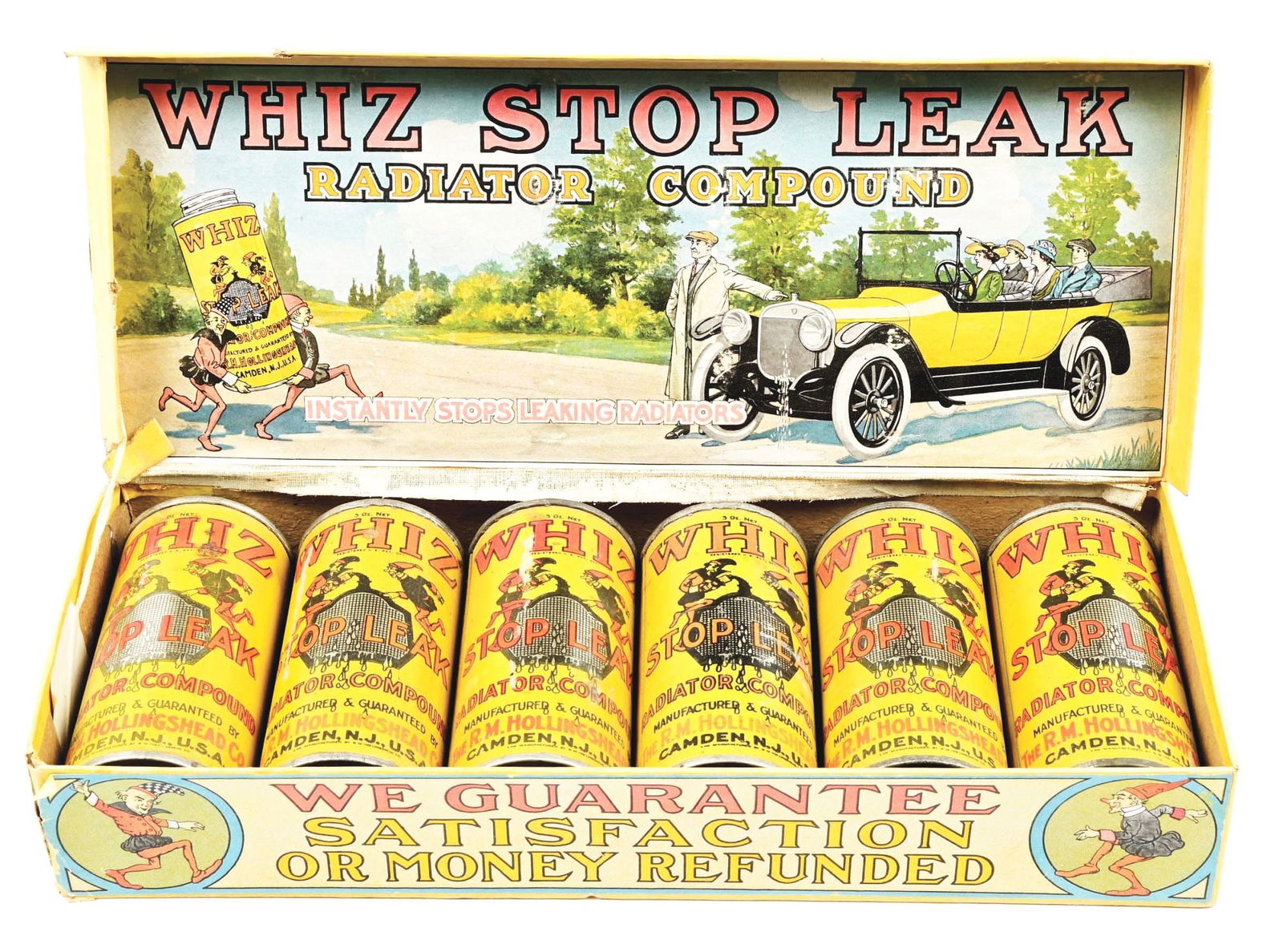 RARE WHIZ STOP LEAK RADIATOR COMPOUND STORE DISPLAY BOX W/ SIX ORIGINAL CANS. (1 of 3)