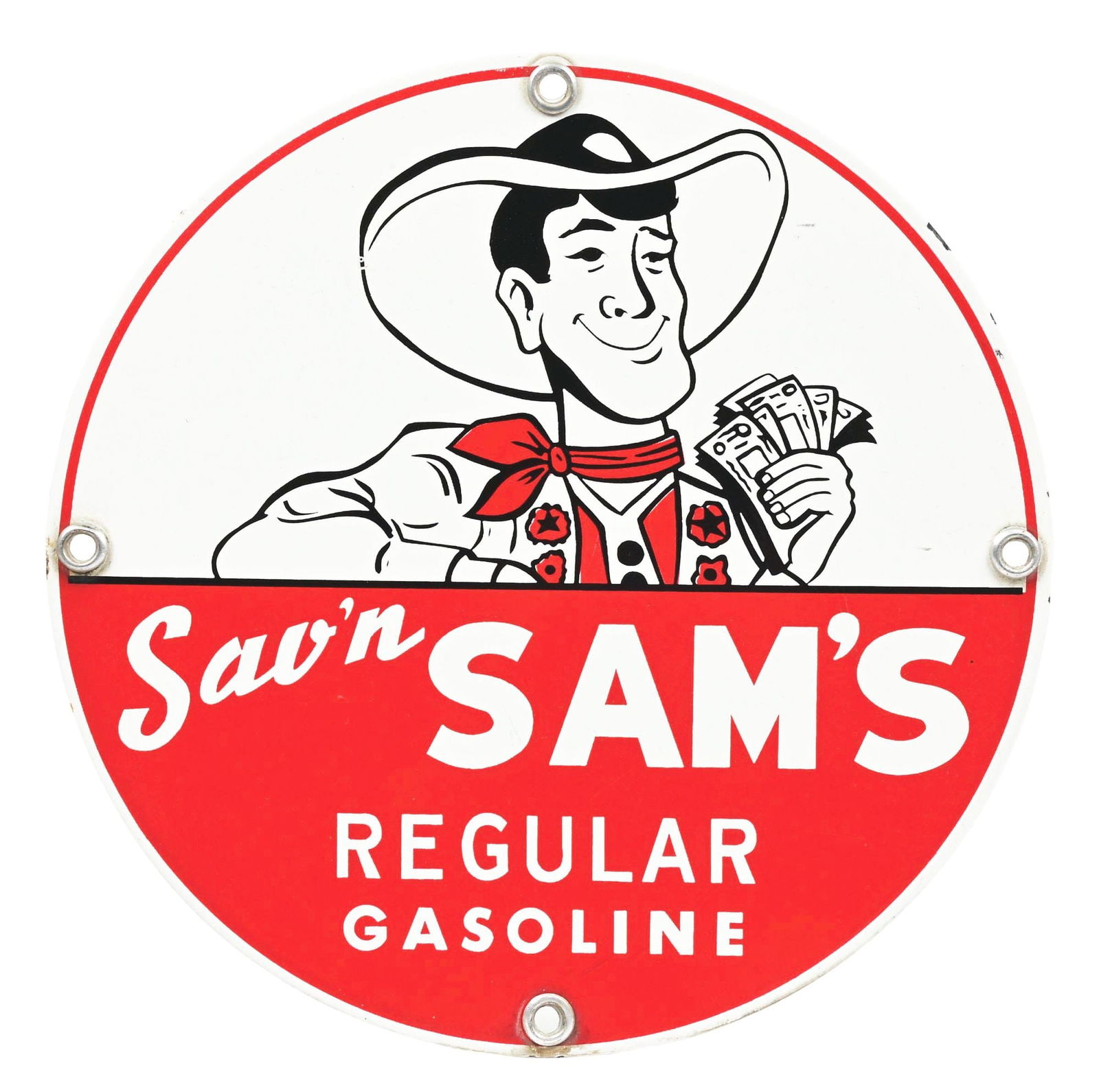 SAV'N SAM'S REGULAR GASOLINE PORCELAIN PUMP PLATE SIGN W/ COWBOY GRAPHIC. (1 of 2)