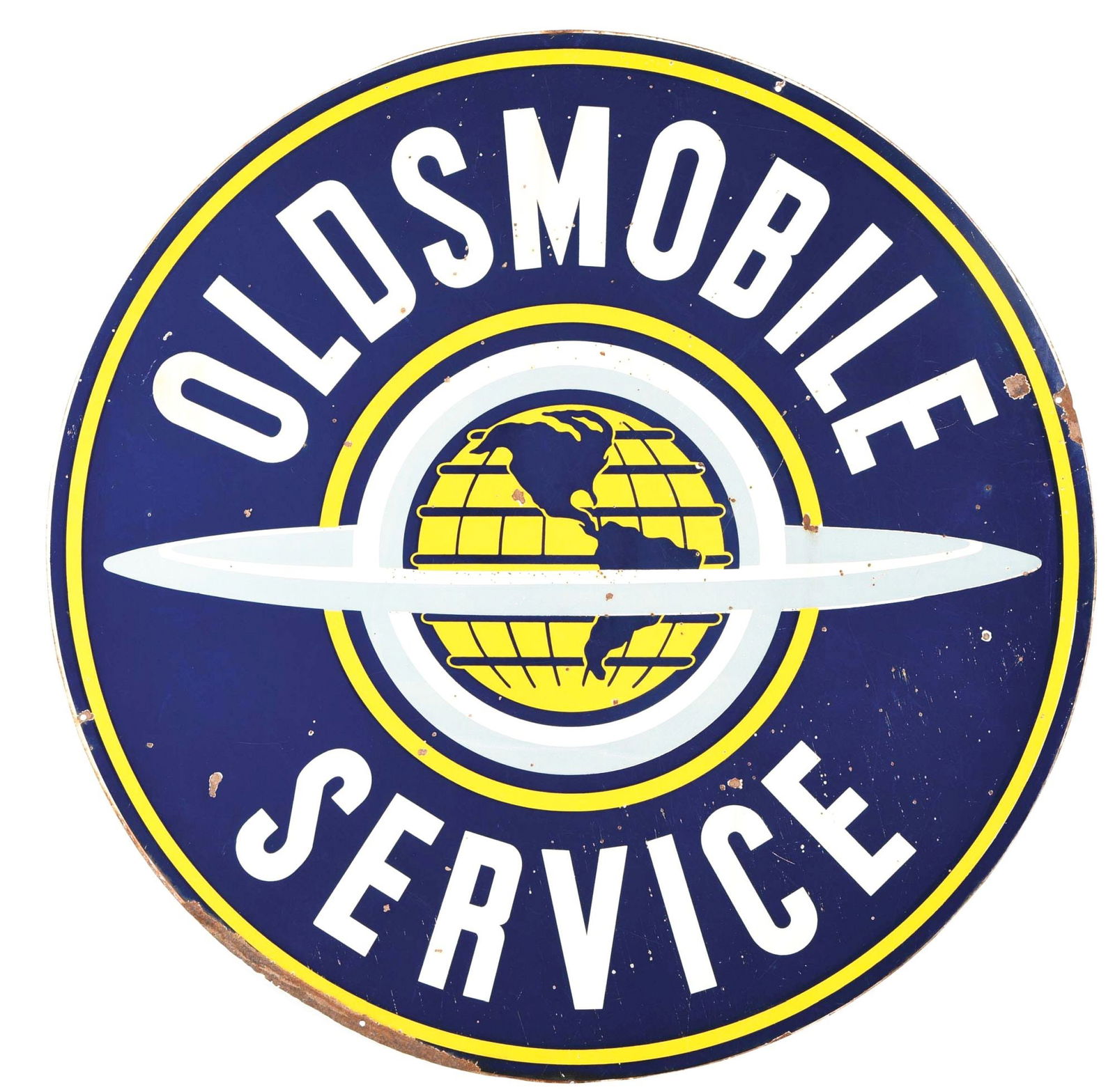 OLDSMOBILE MOTOR CARS SERVICE DOUBLE SIDED PORCELAIN SIGN. (1 of 2)