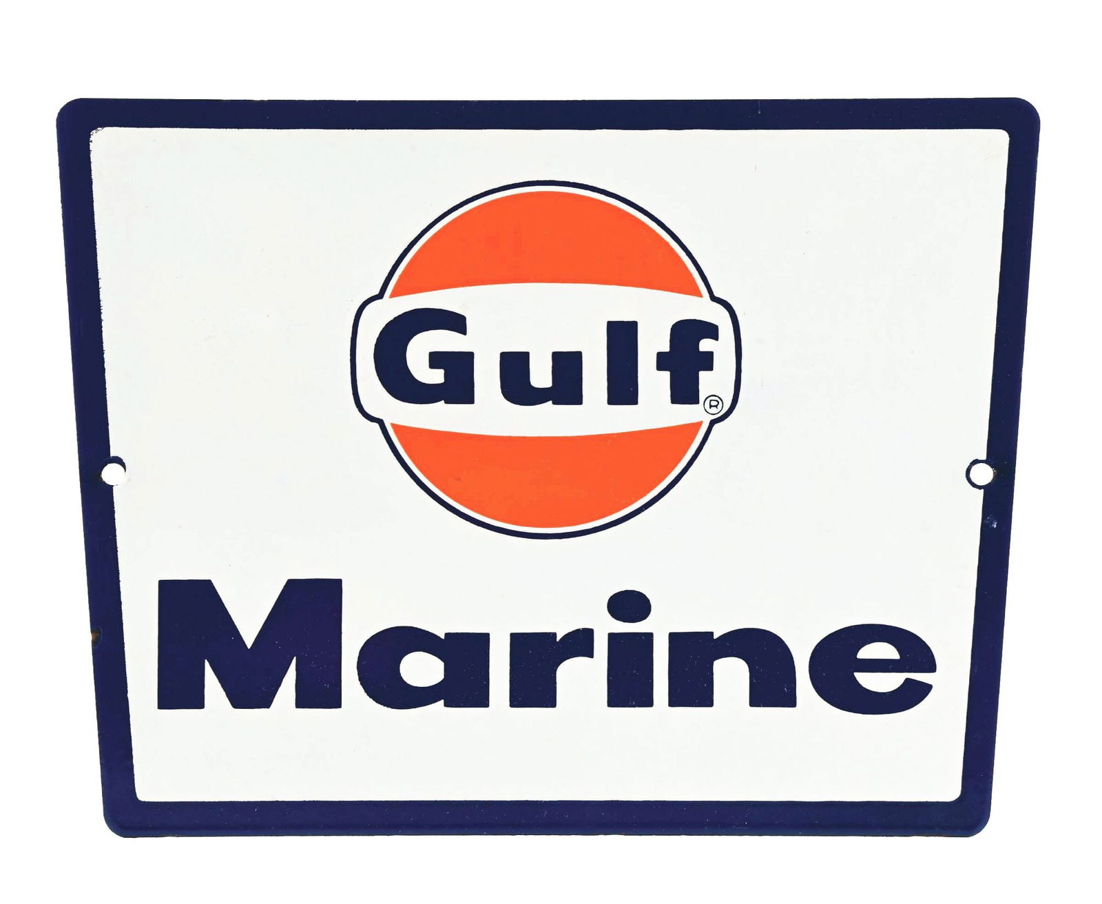 GULF MARINE GASOLINE PORCELAIN PUMP PLATE SIGN.: SSP. Exceptionally clean and well displaying C. 1950's Porcelain Pump Sign for Gulf Marine Gasoline showing Gulf Disc graphic. CONDITION: Sign is overall bright and glossy showing excellent color & gl