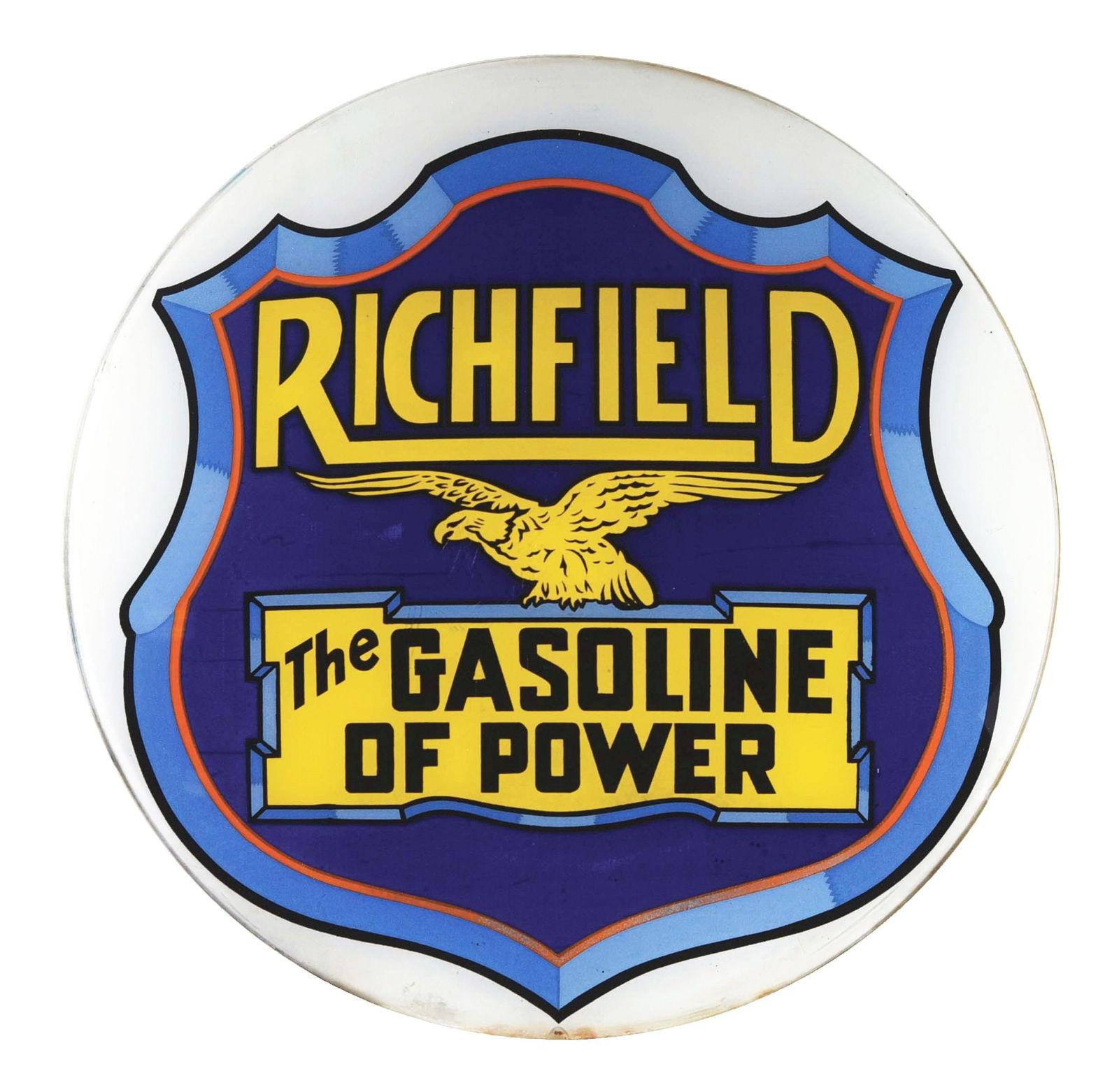 RICHFIELD "THE GASOLINE OF POWER" 15" SINGLE GLOBE LENS W/ EARLY SHIELD & EAGLE GRAPHIC. (1 of 2)