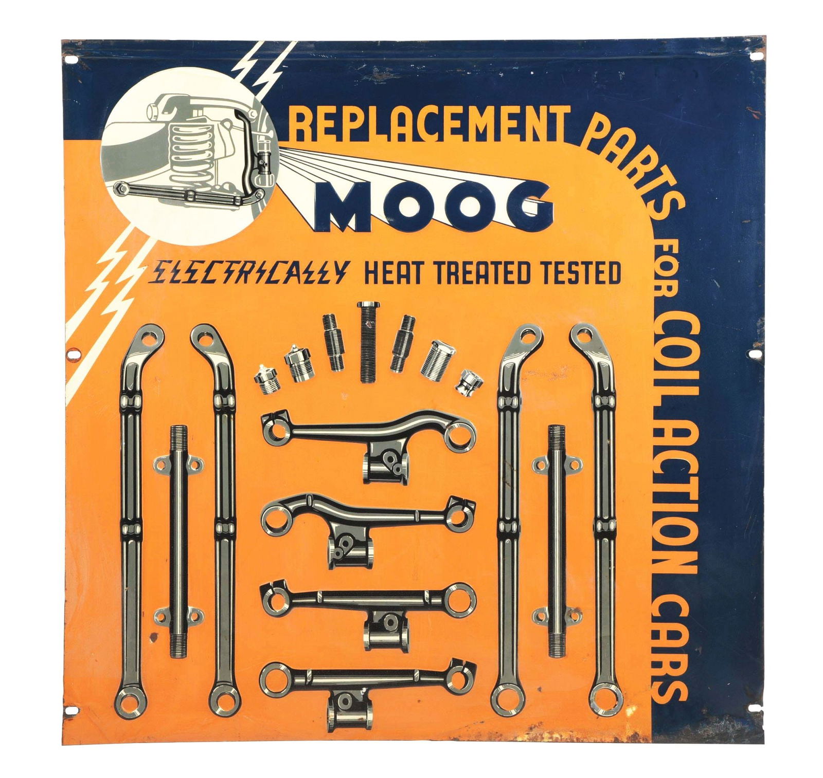 MOOG REPLACEMENT PARTS EMBOSSED TIN SIGN W/ AUTO PARTS GRAPHICS. (1 of 2)