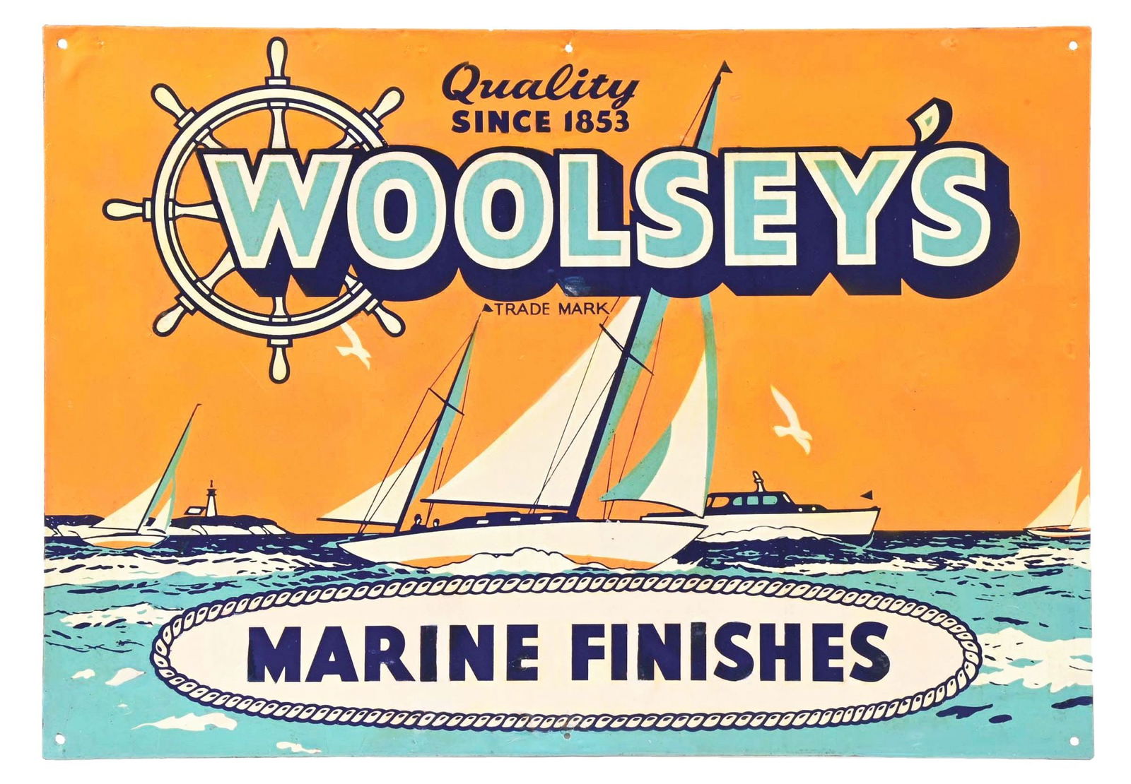 WOOLSEY'S MARINE FINISHES TIN SIGN W/ BOATING GRAPHICS. (1 of 3)