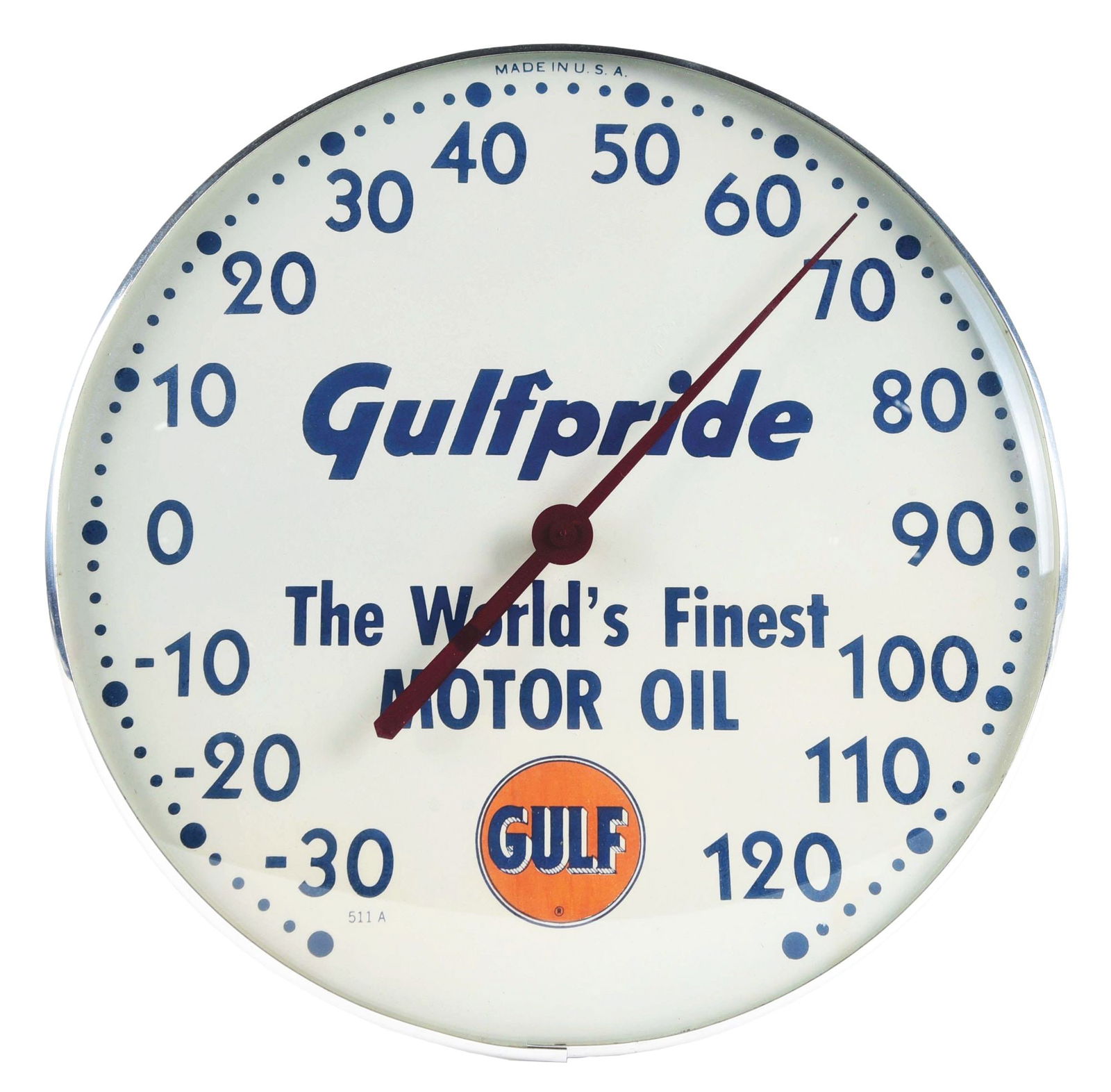GULFPRIDE THE WORLD'S FINEST MOTOR OIL SERVICE STATION THERMOMETER. (1 of 2)