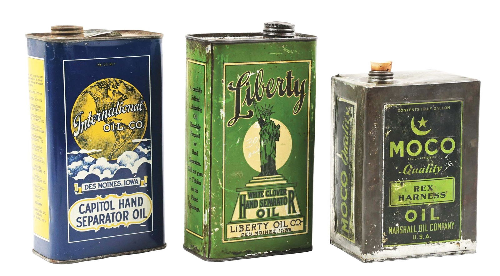 COLLECTION OF 3 INTERNATIONAL, LIBERTY AND MOCO SQUARE MOTOR OIL CANS. (1 of 4)