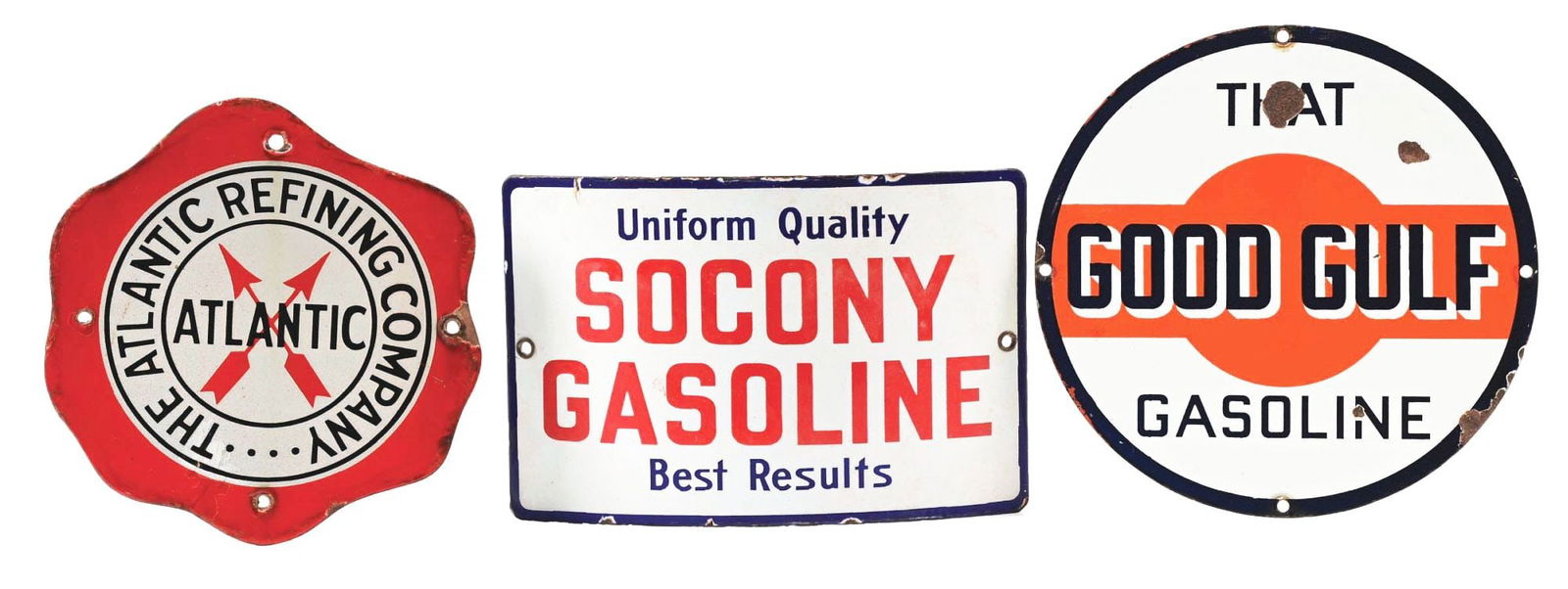COLLECTION OF 3: GULF, SOCONY & ATLANTIC PORCELAIN PUMP PLATE SIGNS. (1 of 2)