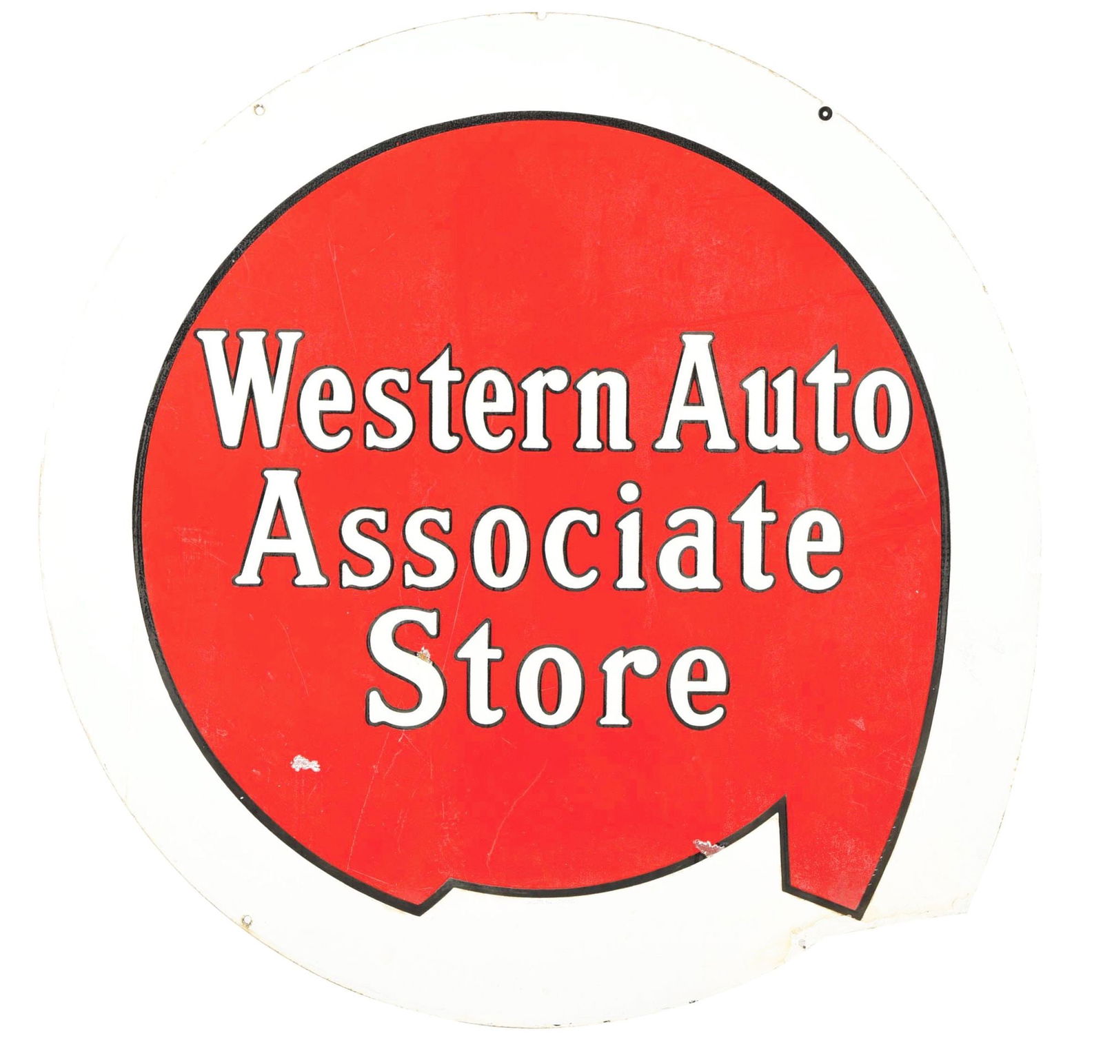 WESTERN AUTO ASSOCIATE STORE PORCELAIN SIGN.: DSP. C. 1950's Porcelain Sign for Western Auto Associate Stores showing red, white & black Porcelain. CONDITION: Sign shows fair color & gloss on each side with moderate surface scratching and cloudin