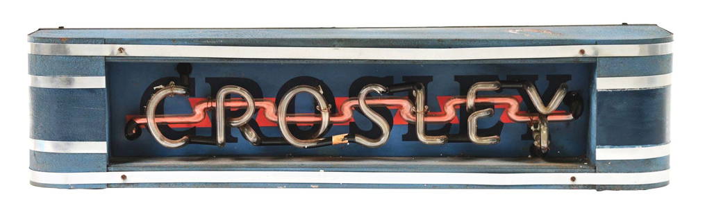 CROSLEY ART-DECO NEON SIGN.: A nice example of this neon sign from Crosley featuring neon tubing and an ornate art-deco body with crinkle finished paint. CONDITION: The "Crosley" lettering is broke and is not currently lighting.