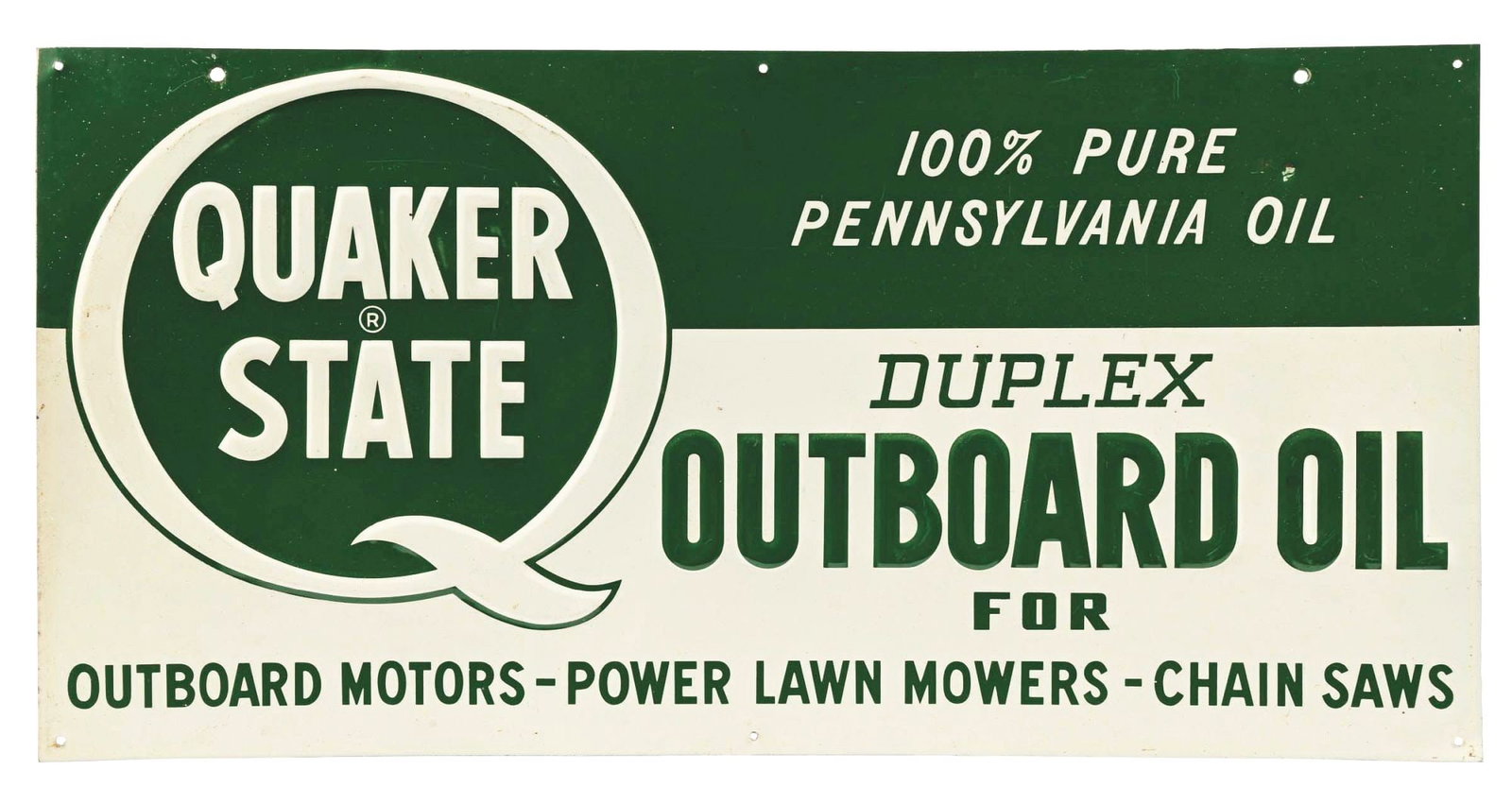 QUAKER STATE OUTBOARD OIL EMBOSSED TIN SIGN.: SST. An excellent example of this Embossed Tin Sign for Quaker State Outboard Motor Oils. CONDITION: Sign shows excellent color & gloss throughout with minimal areas of light storage wear and minor su
