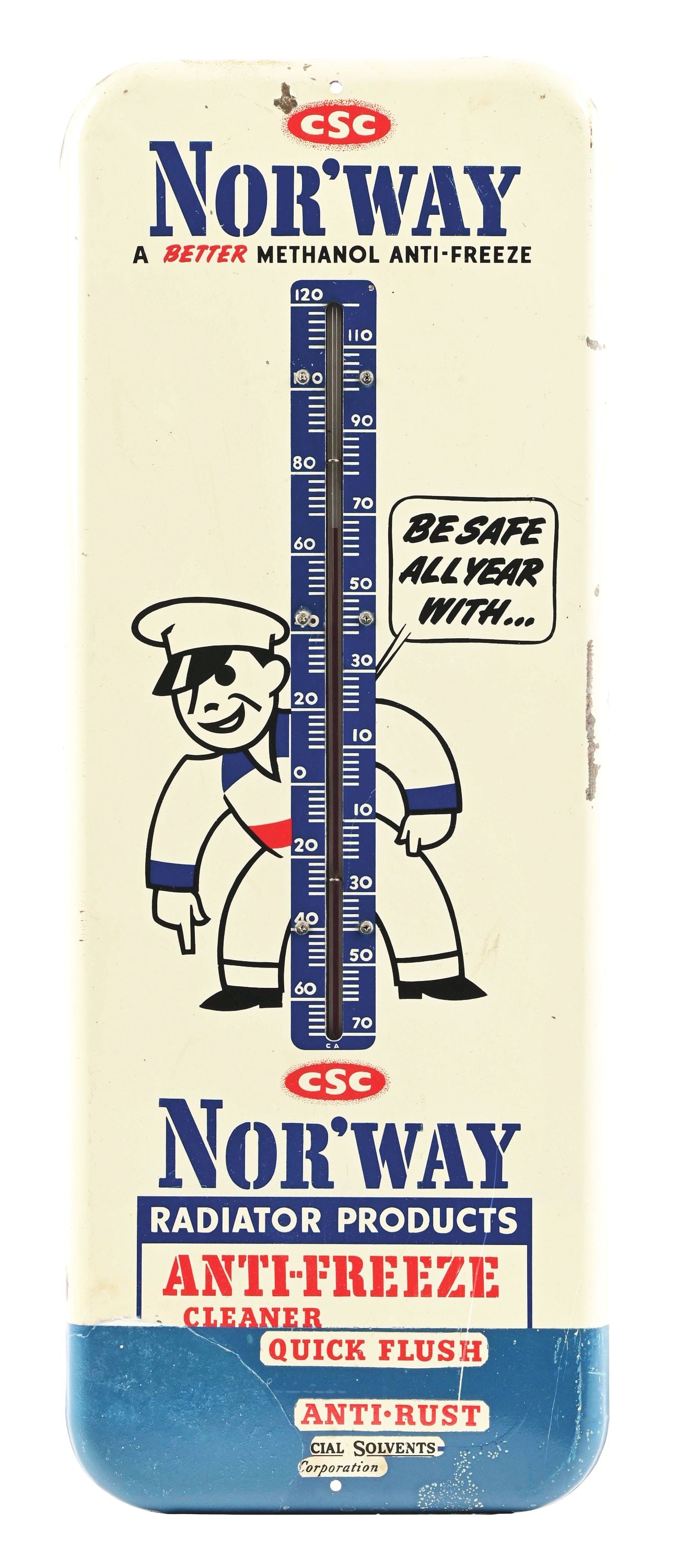 NOR'WAY RADIATOR PRODUCTS TIN SERVICE STATION THERMOMETER. (1 of 3)