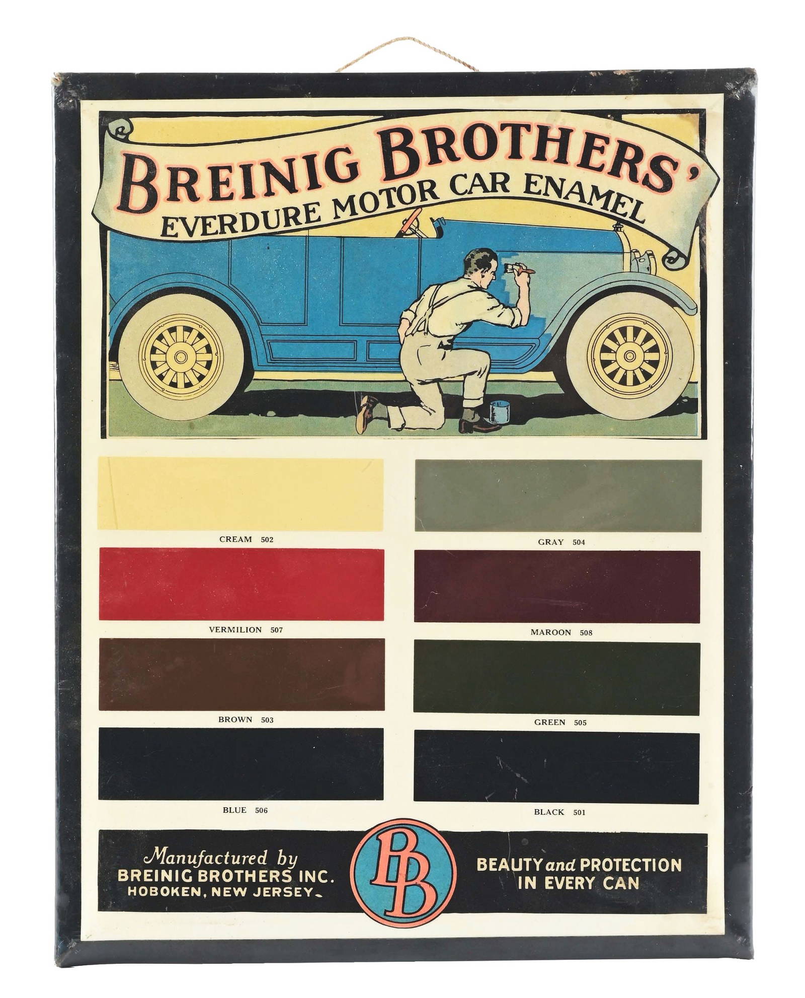 Breinig Brothers Motor Car Enamel Celluloid Easel Back Sign W/ Car