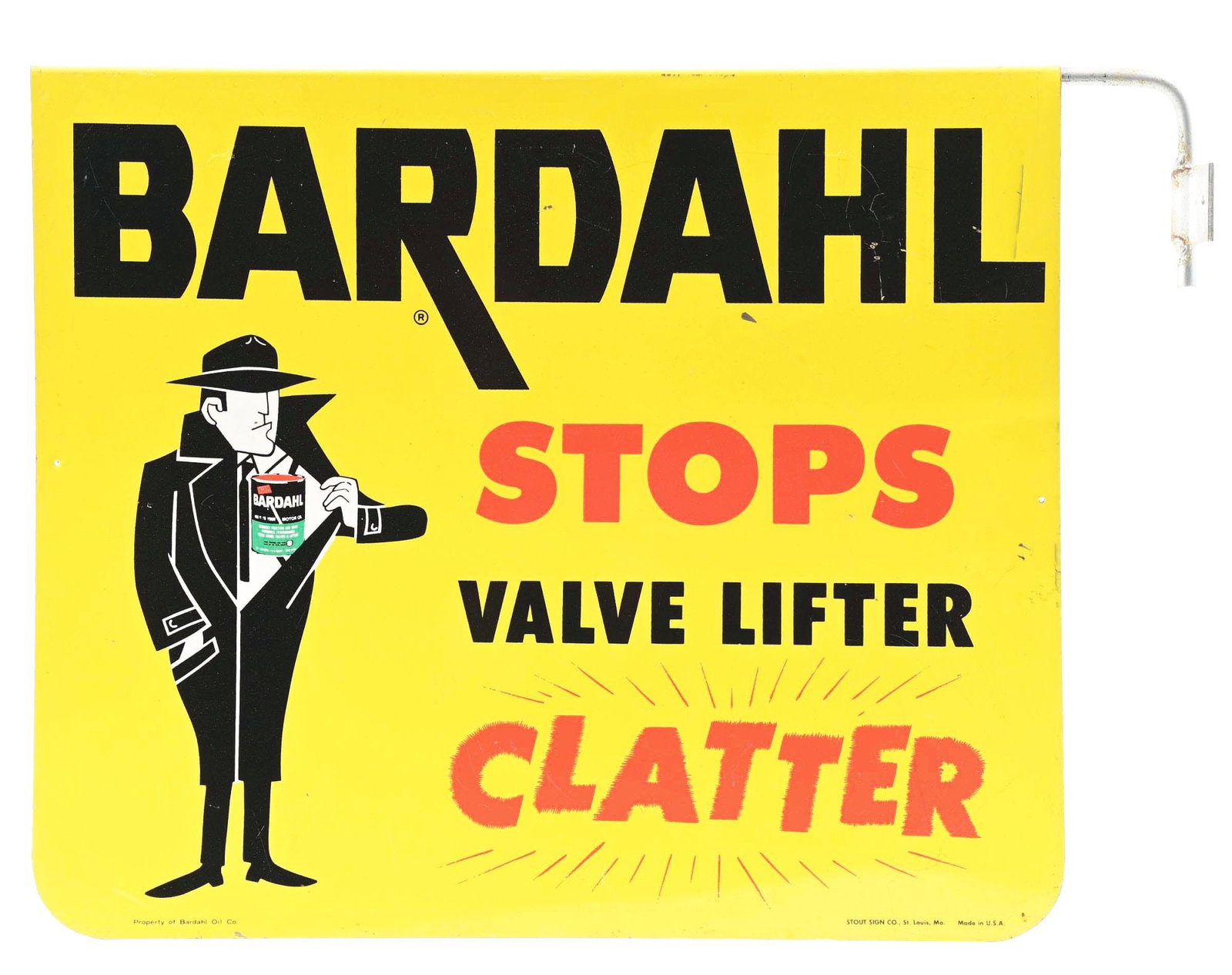 BARDAHL MOTOR OIL TIN SERVICE STATION SIGN.: SST. Maker Marked Stout Sign Co. CONDITION: Sign shows excellent color & gloss throughout the field with areas of surface scratching in the outer field but showing a clean graphic. Sign shows two nail