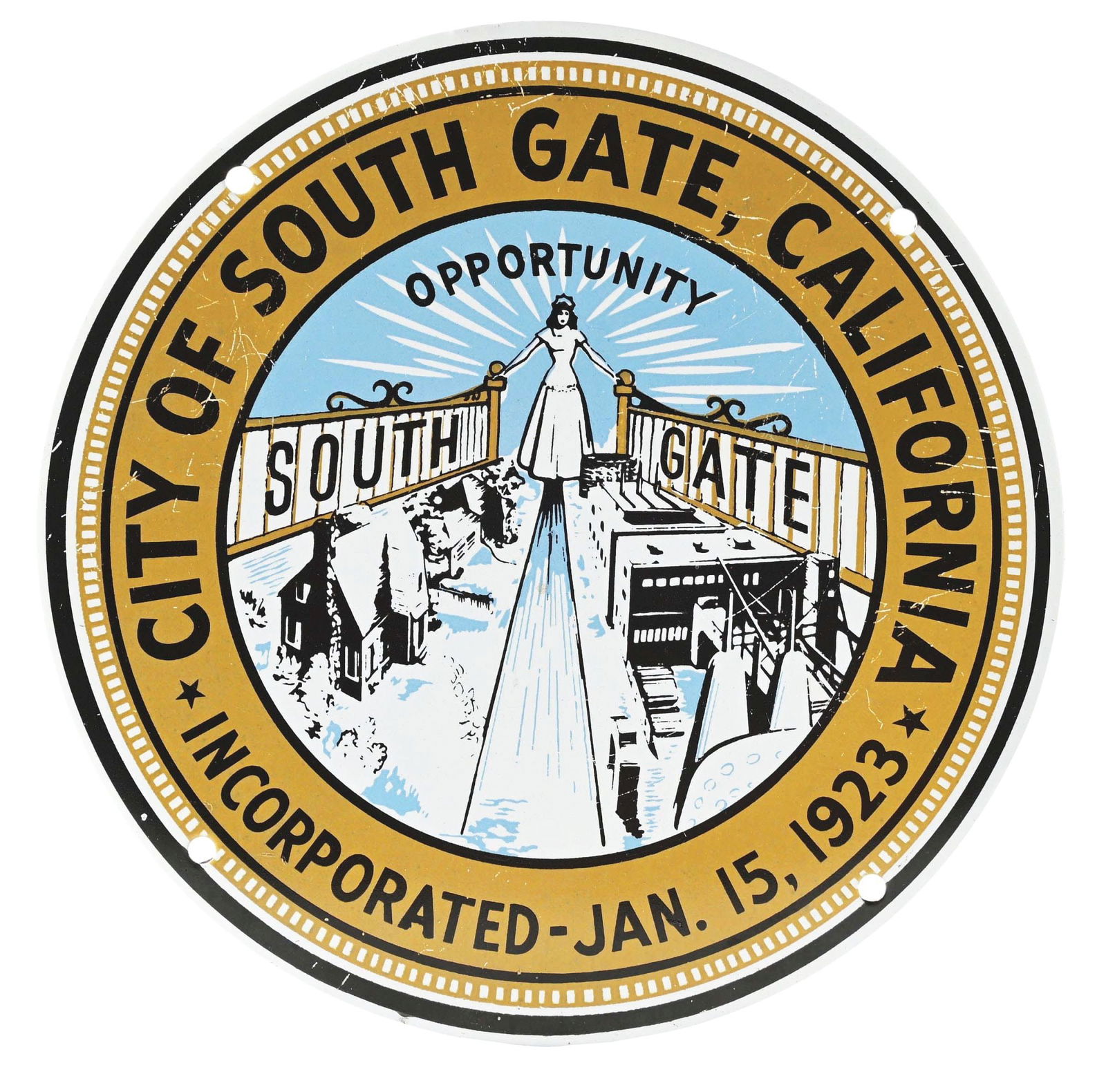 CITY OF SOUTH GATE CALIFORNIA TIN MUNICIPAL SIGN. (1 of 2)