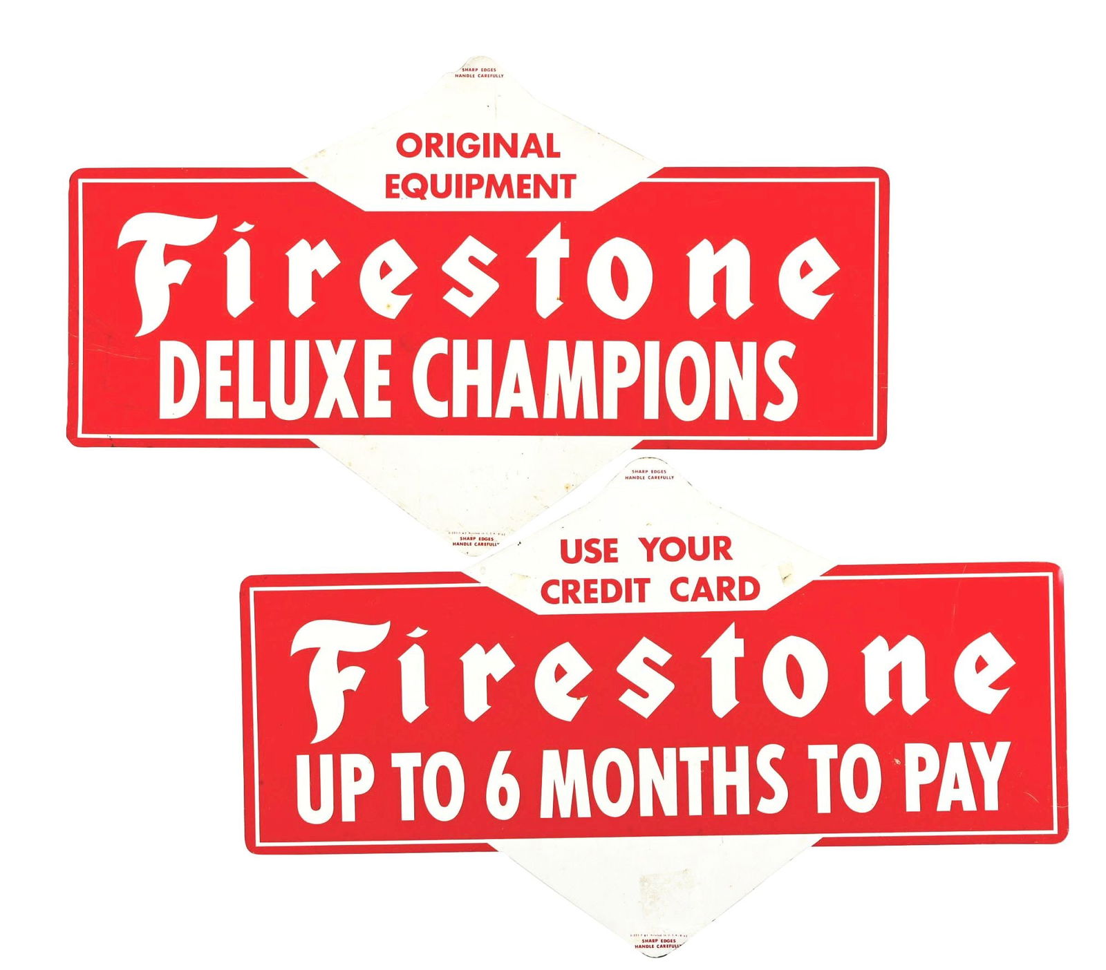 COLLECTION OF 2: FIRESTONE TIRES TIN SERVICE STATION SIGNS. (1 of 4)