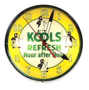 KOOLS REFRESH HOUR AFTER HOUR LIGHT-UP CLOCK.: Maker Marked "Pam Clock Company." A nice example of this colorful light up clock from Kools cigarettes featuring the iconic penguin graphics. CONDITION: The inner face of the clock remains nice with n