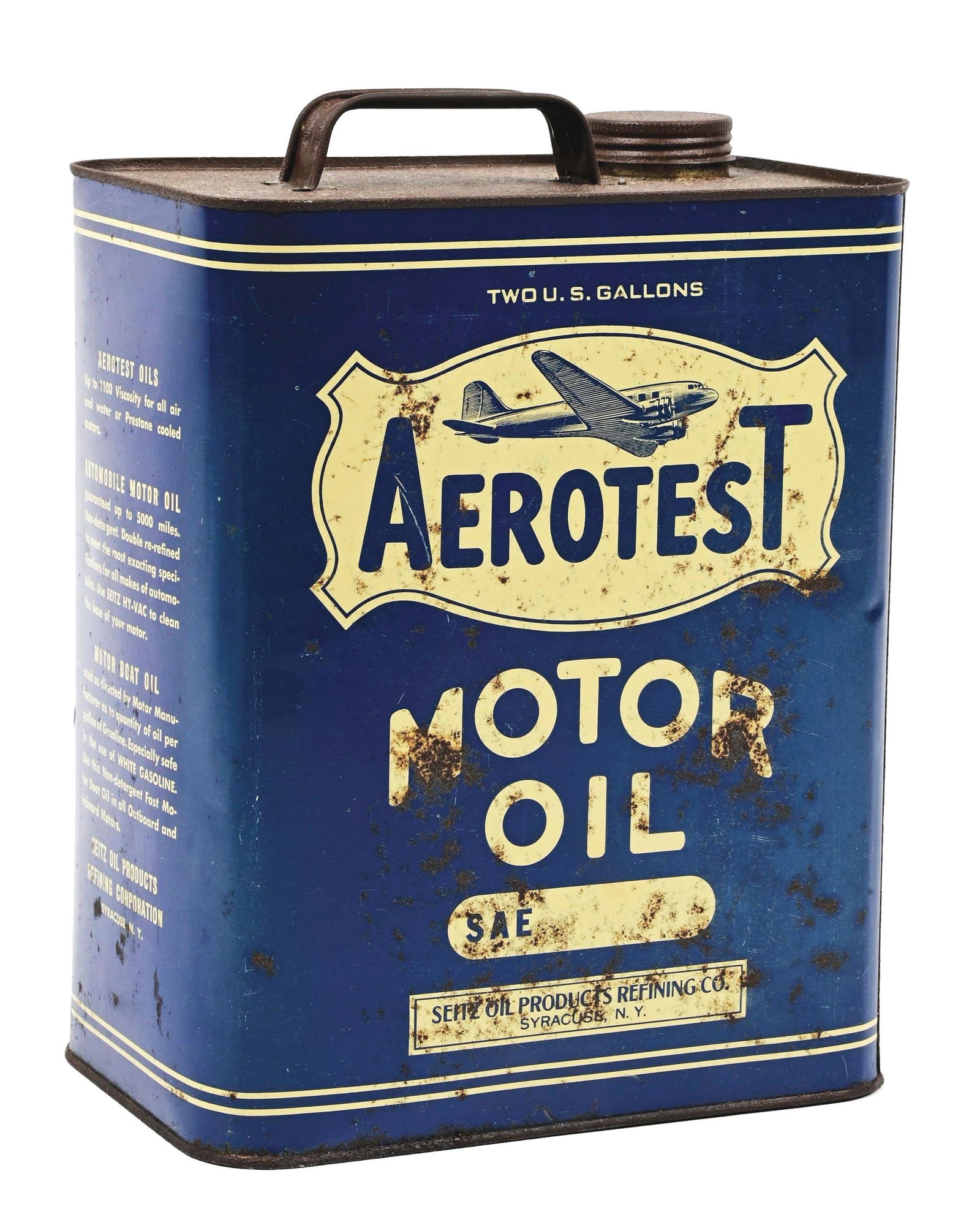 AEROTEST MOTOR OIL TWO GALLON CAN W/ AIRCRAFT GRAPHIC. (1 of 4)