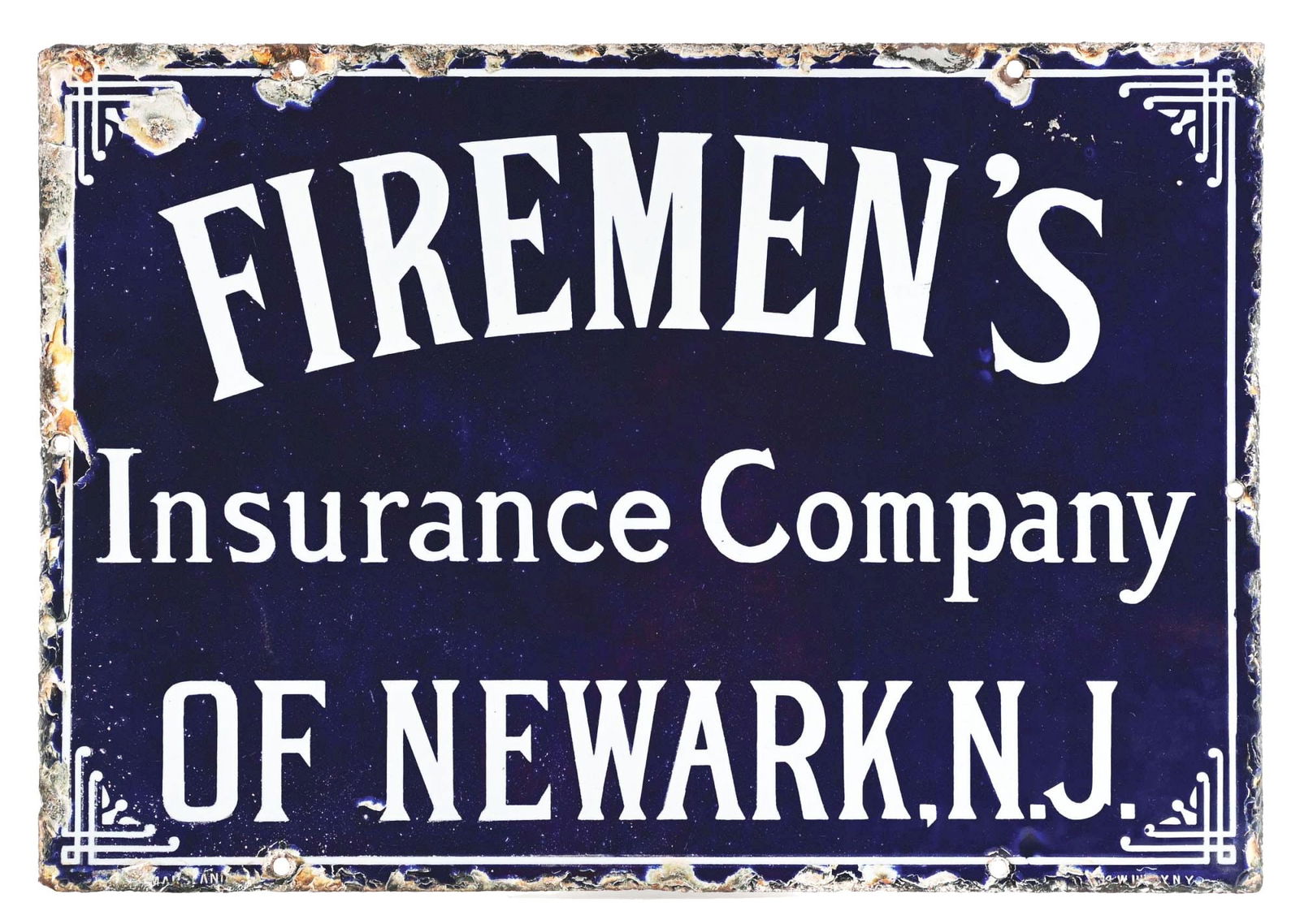 FIREMEN'S INSURANCE COMPANY OF NEWARK PORCELAIN SIGN. (1 of 4)