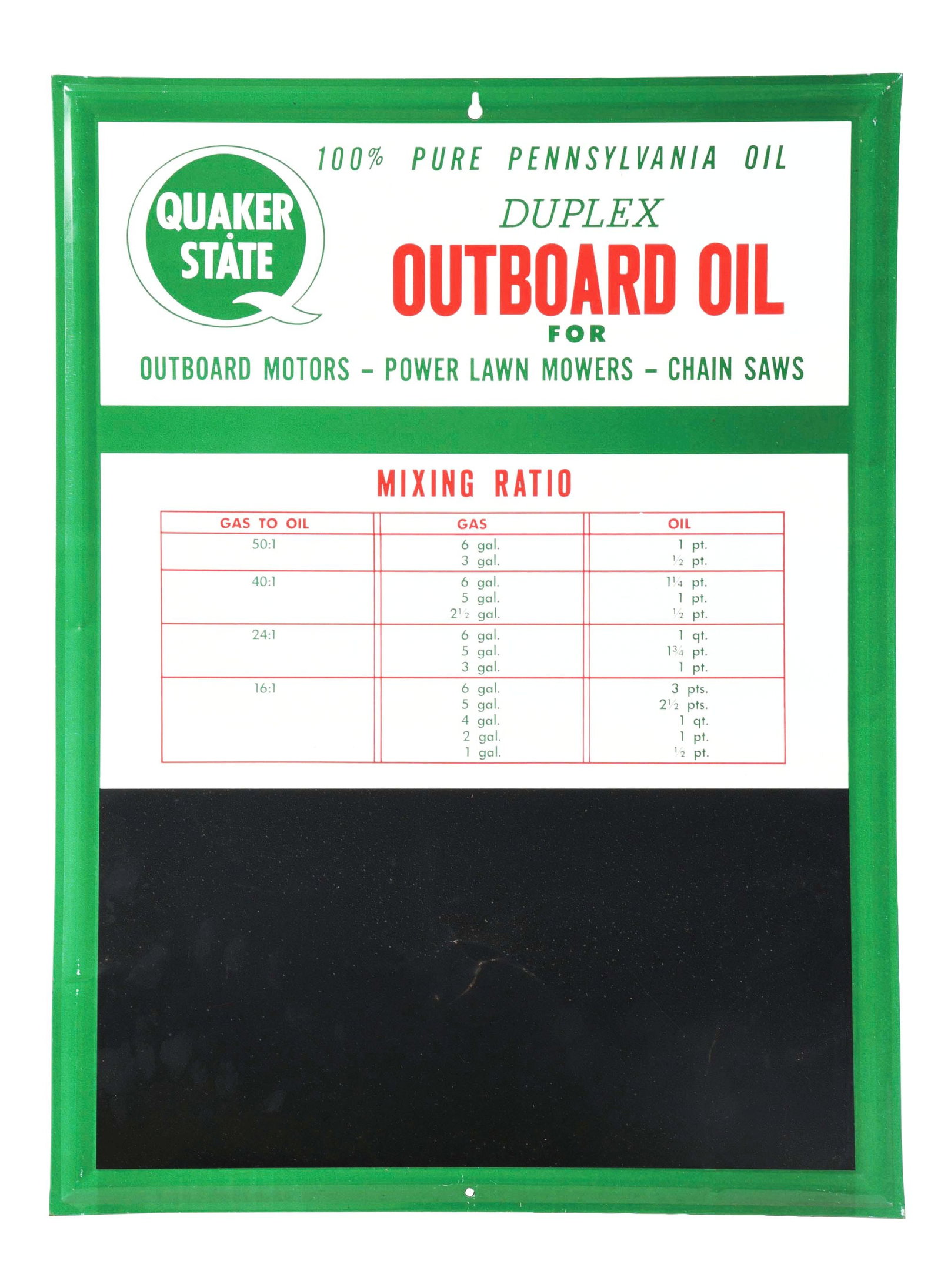 QUAKER STATE OUTBOARD OIL CHALKBOARD SIGN.: SST. Maker Marked "Evans-Baucom & Associates. Masillon, Ohio." A nice example of this unused chalkboard sign from Quaker State Motor Oil showing a chart of gas to oil ratios and the iconic company log