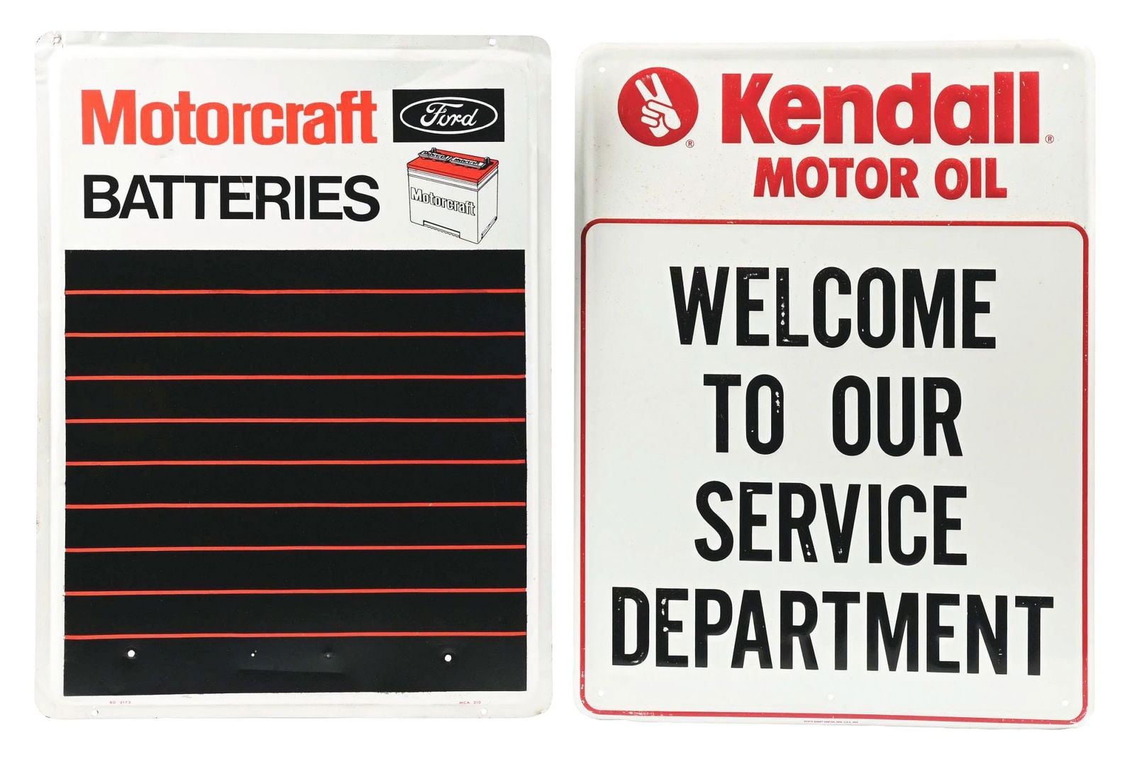 COLLECTION OF 2: FORD MOTORCRAFT & KENDALL MOTOR OIL EMBOSSED TIN SERVICE STATION SIGNS. (1 of 5)