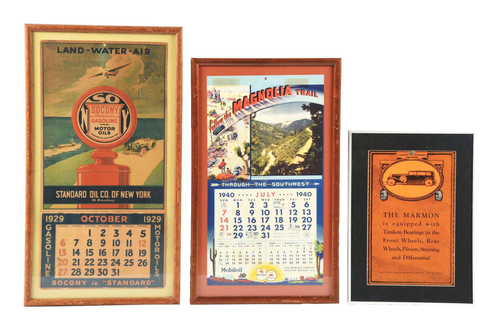 COLLECTION OF 3: SOCONY, MOBILGAS AND TIMKEN FRAMED ADVERTISMENTS. (1 of 2)