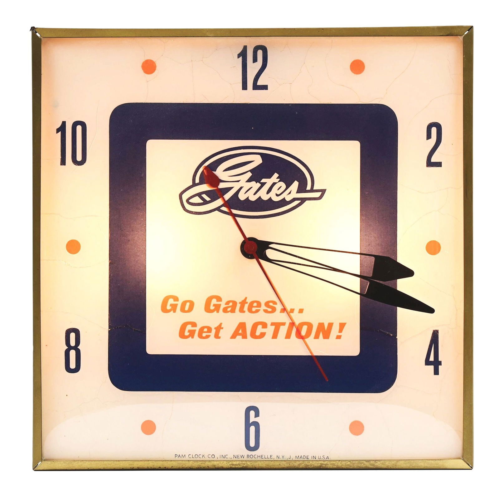 GO GATES...GET ACTION LIGHT-UP CLOCK.: Maker Marked "Pam Clock Co." A nice example of this light up clock from Gates featuring the logo and lit up back ground. CONDITION: The inner graphical face shows some crazing and lifting to the paint