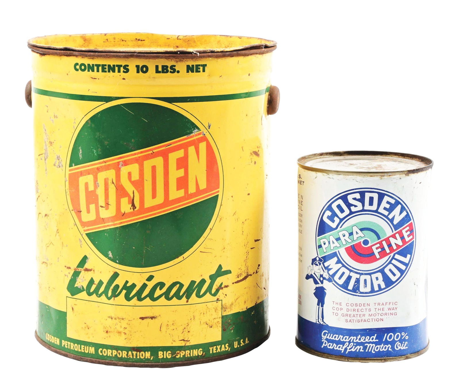 COLLECTION OF TWO: TEN POUND AND ONE QUART CANS FROM COSDEN. (1 of 4)