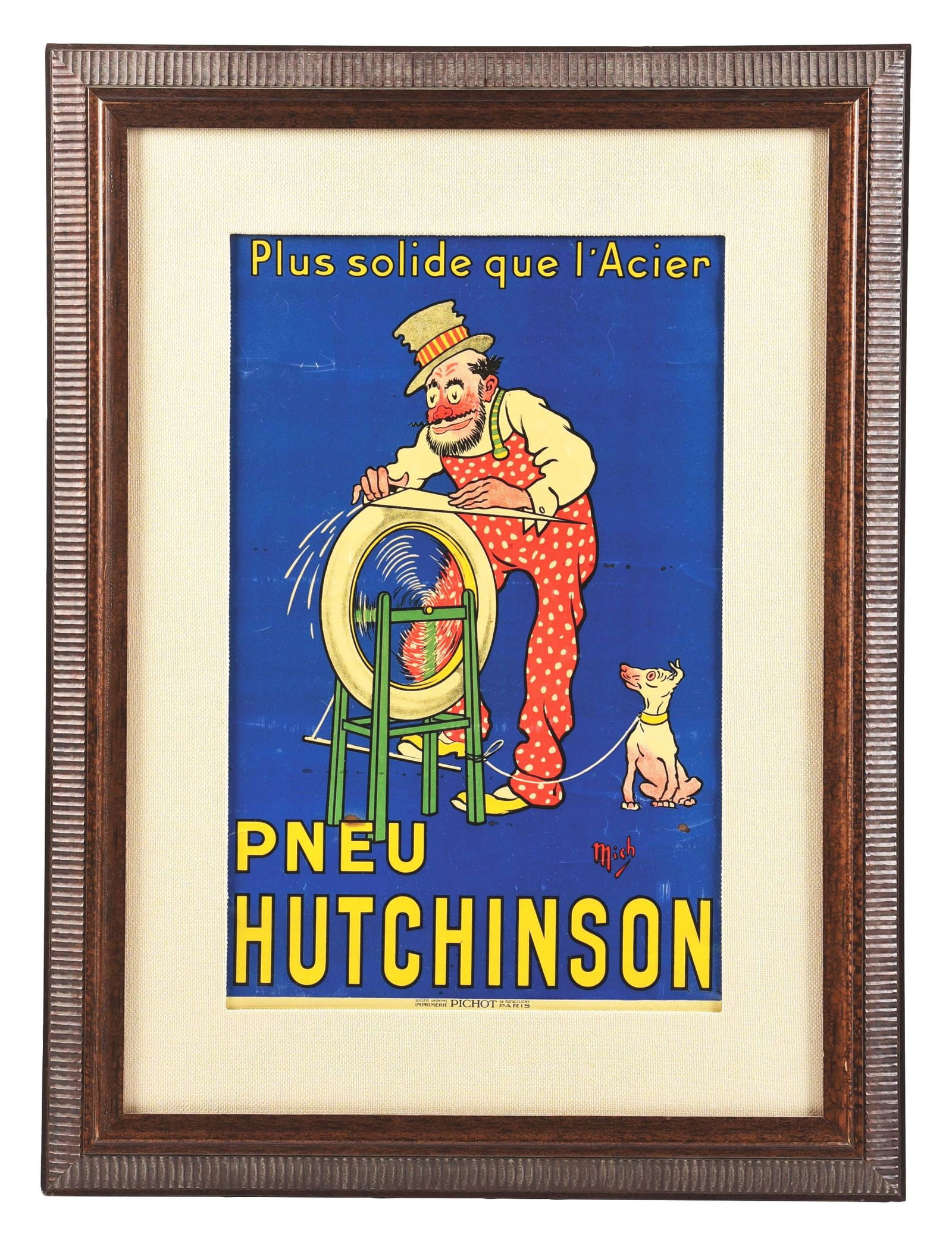 FRENCH PNEU HUTCHINSON "PLUS SOLIDE QUE L'ACIER" FRAMED POSTER W/ DOG GRAPHIC. (1 of 3)