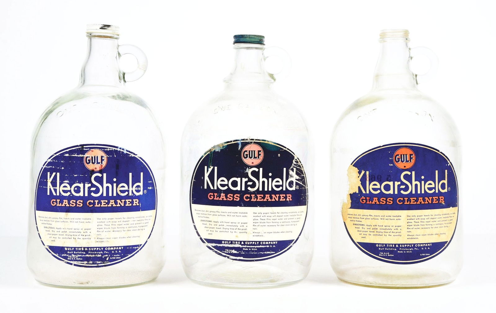 COLLECTION OF 3: GULF KLEAR-SHIELD GLASS CLEANER ONE GALLON GLASS JARS. (1 of 4)