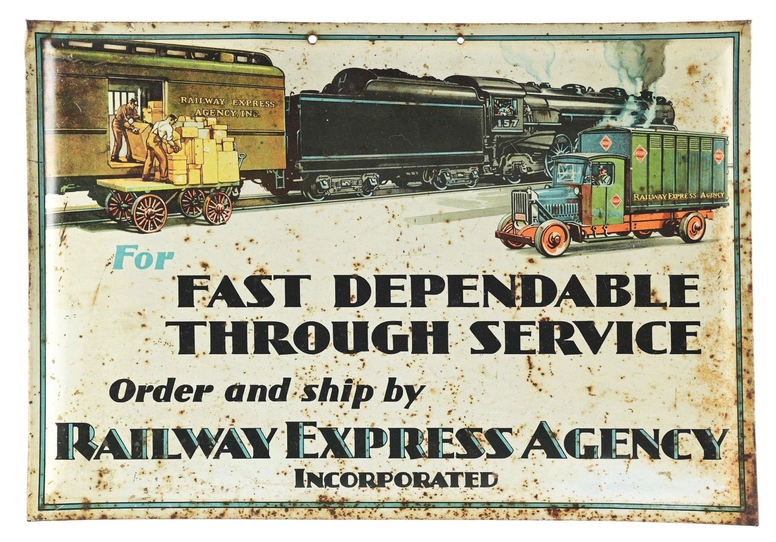 RAILWAY EXPRESS AGENCY TIN OVER CARDBOARD SIGN W/ TRAIN GRAPHIC. (1 of 3)