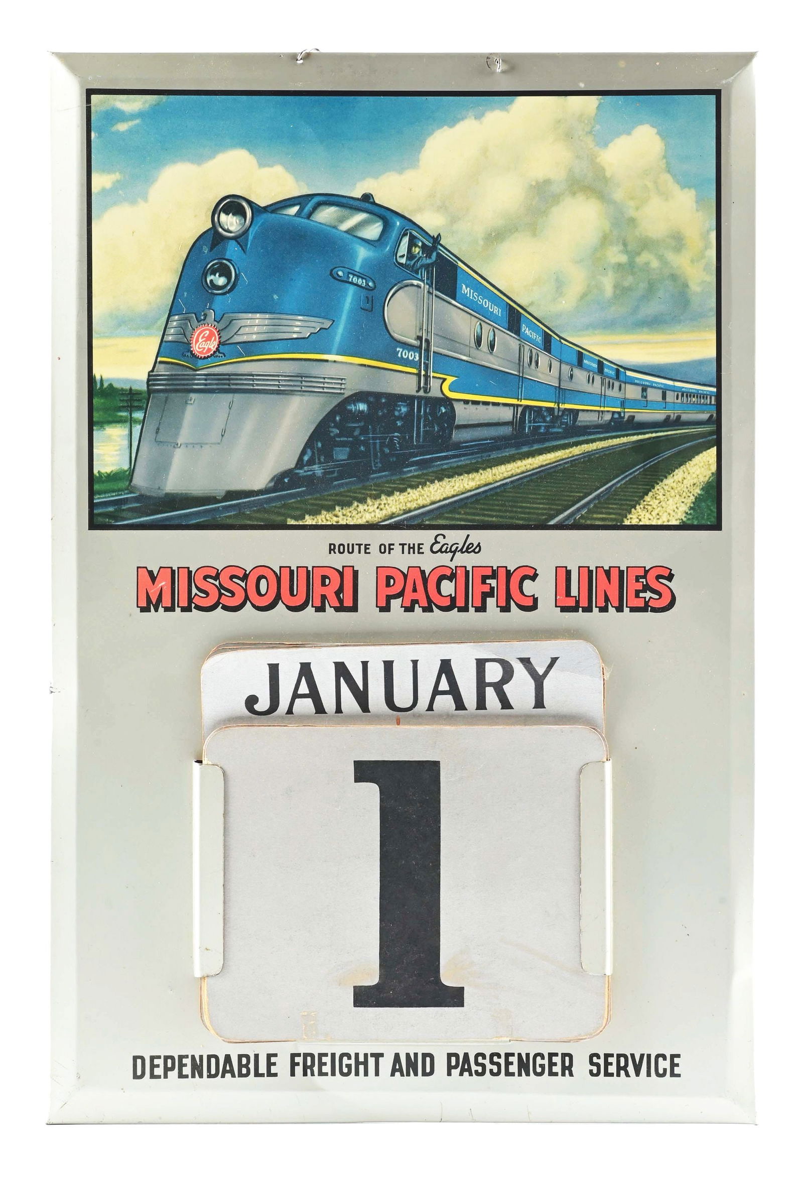 MISSOURI PACIFIC LINES RAILROAD TIN OVER CARDBOARD CALENDAR. (1 of 2)