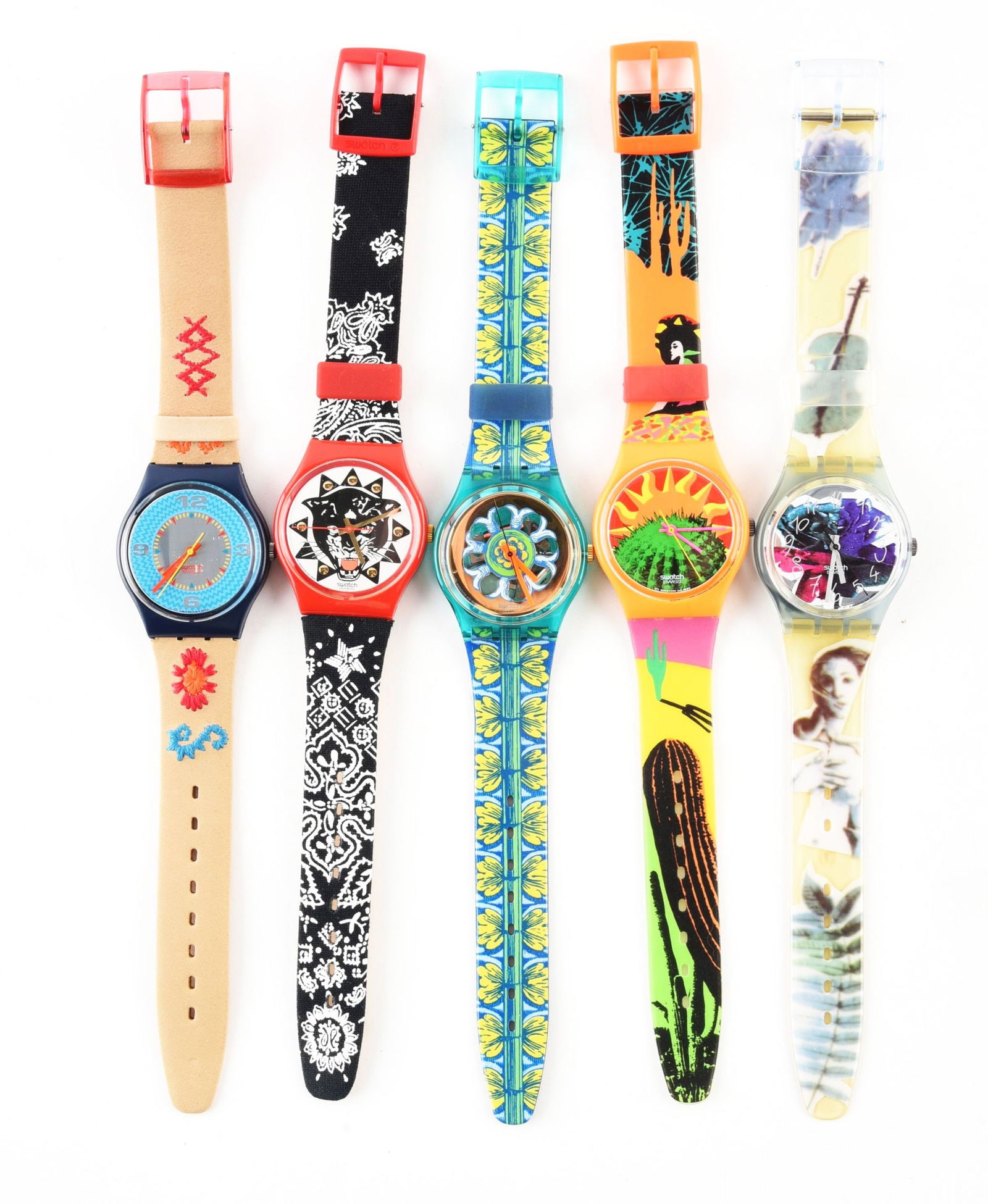 LOT OF 5: STANDARD GENTS SWATCHES: (A) GN126 "Cancun" Standard Gents Swatch Watch. Issued in 1993. (B) GR117 "Rap" Standard Gents Swatch Watch. Issued in 1994. (C) GG126 "Minareth" Standard Gents Swatch Watch. Issued in 1994. (D) GO102