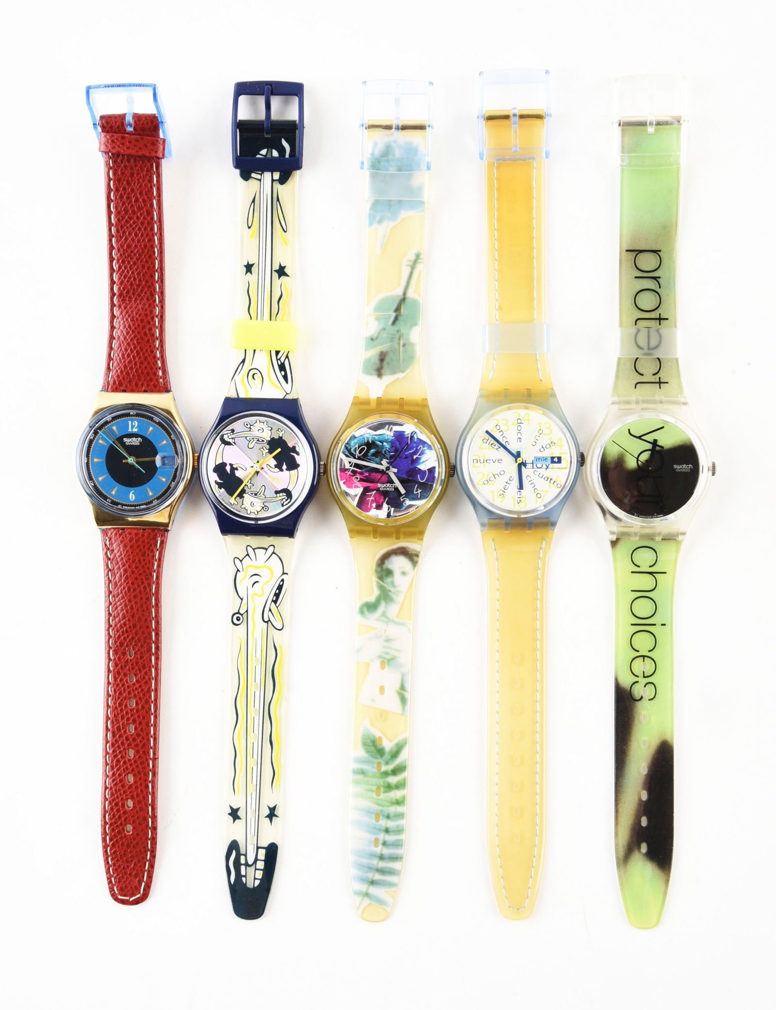 LOT OF 5: STANDARD GENTS SWATCHES: (A) GX410 "Bachelor" Standard Gents Swatch Watch. Issued in 1993. (B) GN168 "Twitch Twins" Standard Gents Swatch Watch. Designed by Massimo Giacon. Issued in 1997. (C) GN122 "Photoshooting" Standard G