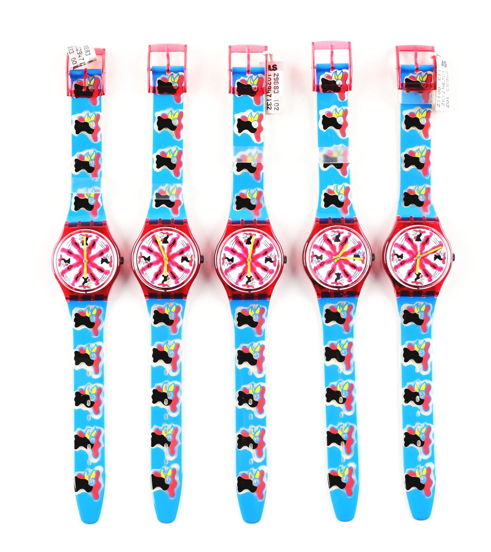LOT OF 5: STANDARD GENTS SWATCHES: GR112 "Chicchirichi" Standard Gents Swatch Watch. Designed by Massimo Giacon. Issued in 1992. Condition: Excellent Dimensions: Case: 11" x 1" x 12 - 1/4".