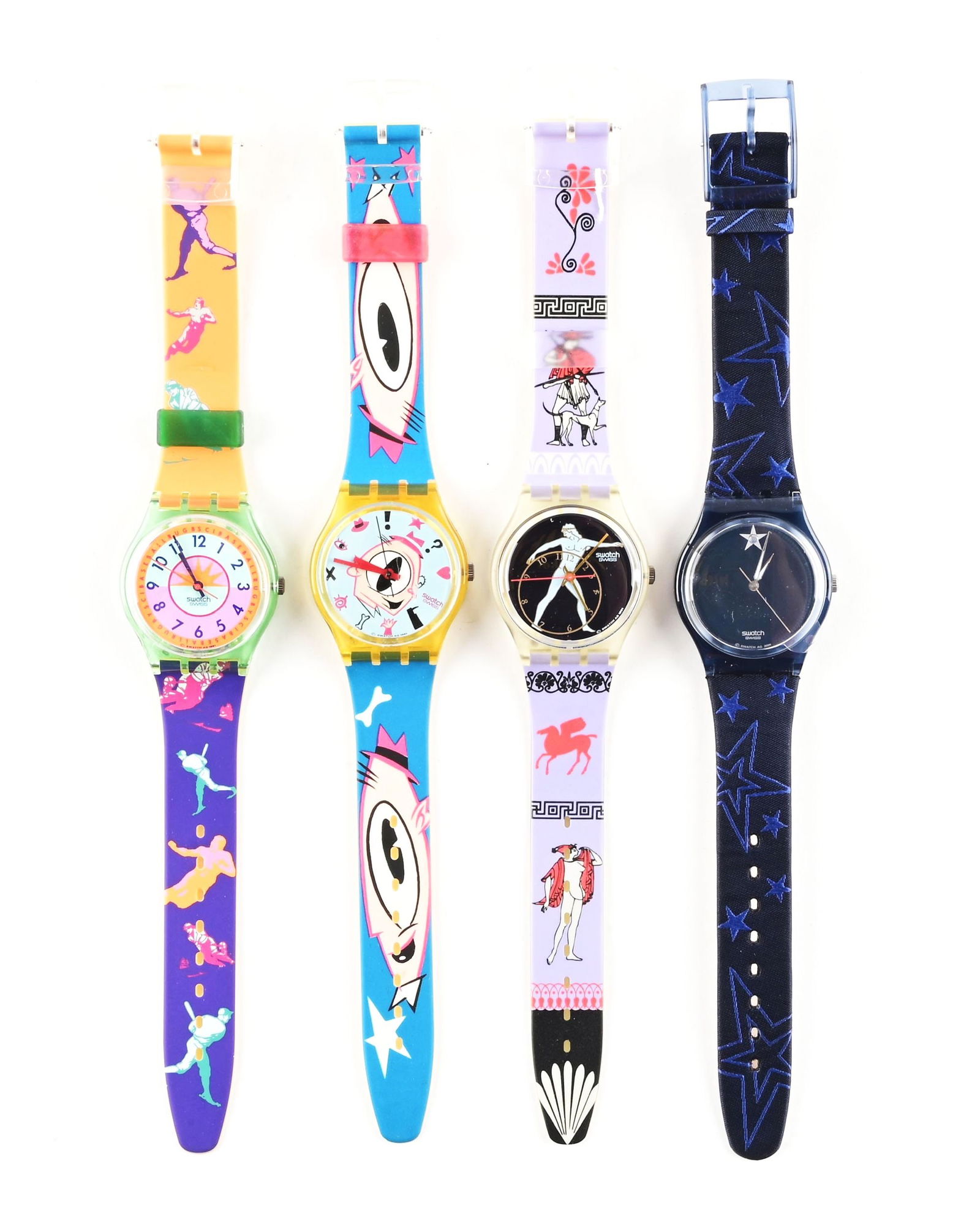 LOT OF 4: LUXURY AND STANDARD GENTS SWATCHES: (A) GG117 "Curling" Standard Gents Swatch Watch. Issued in 1992. (B) GK139 "Gulp!!!" Standard Gents Swatch Watch. Designed by Massimo Giacon. Issued in 1991. (C) GK141 "Discobolus" Standard Gents Swat