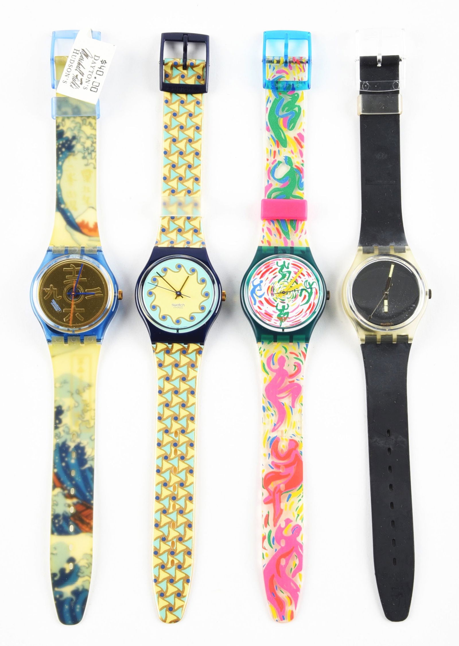 LOT OF 4: STANDARD GENTS SWATCHES: (A) GN138 "The Lake" Standard Gents Swatch Watch. Issued in 1994. (B) GN140 "Agathos" Standard Gents Swatch Watch. Designed by Paolo Portoghesi. Issued in 1994. (C) GG129 "Girotondo" Standard Gents Sw