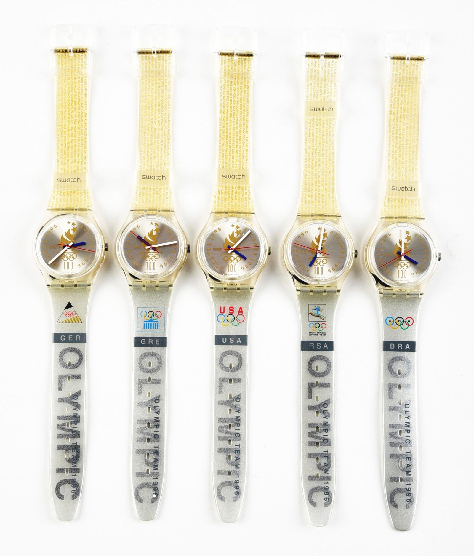LOT OF 5: OLYMPIC SPECIALS SWATCHES: (A) GZ150D "Olympic Team GER" Olympic Specials Swatch Watch. (B) GZ150M "Olympic Team GRE" Olympic Specials Swatch Watch. (C) GZ150J "Olympic Team USA" Olympic Specials Swatch Watch. (D) GZ150B "Olymp