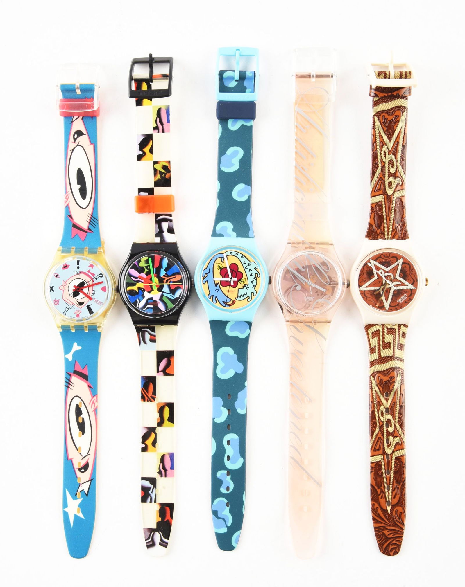 LOT OF 5: STANDARD GENTS SWATCHES: (A) GK139 "Gulp!!!" Standard Gents Swatch Watch. Designed by Massimo Giacon. Issued in 1991. (B) GB156 "Twelve Apostles" Standard Gents Swatch Watch. Designed by Marc Kostabi. Issued in 1994. (C) GN13