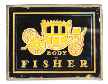 GLASS - "BODY BY FISHER" PANEL ADVERTSING SIGN