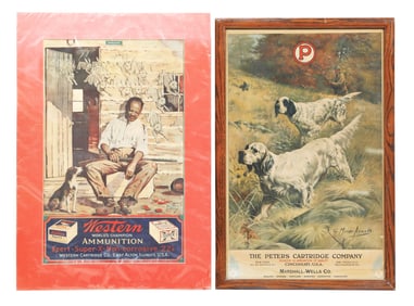 COLLECTION OF 2 HUNTING-RELATED PAPER LITHOGRAPHS W/ HUNTING GRAPHICS