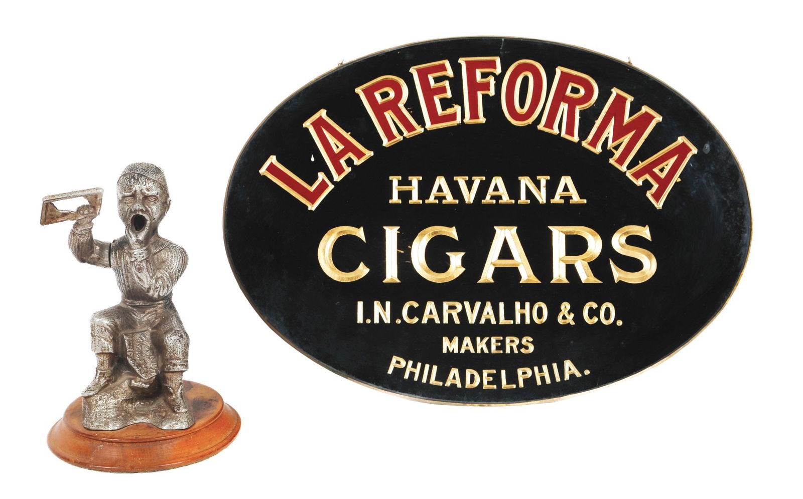 COLLECTION OF 2 CIGAR CUTTER & REVERSE PAINTED GLASS ADVERTISEMENT (1 of 4)