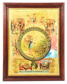 TIN "THE DIAMOND DYES" SIGN W/ VICTORIAN ERA GRAPHIC.