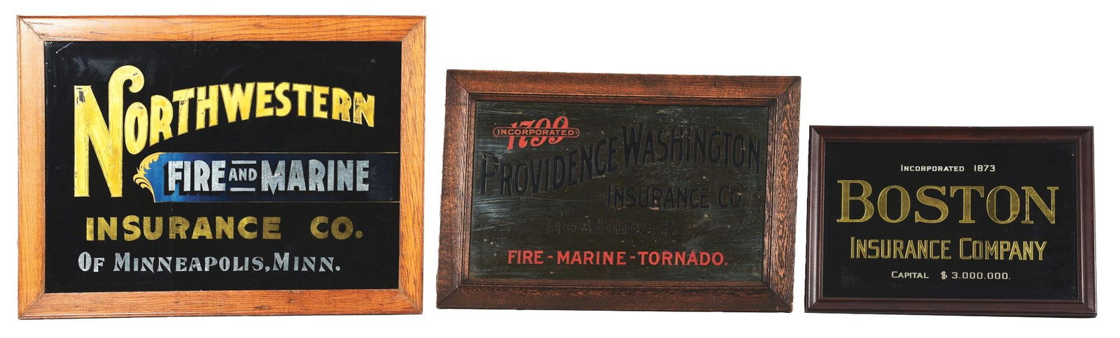 COLLECTION OF 3 EARLY INSURANCE CO. SIGNS W/ WOOD FRAMES. (1 of 2)