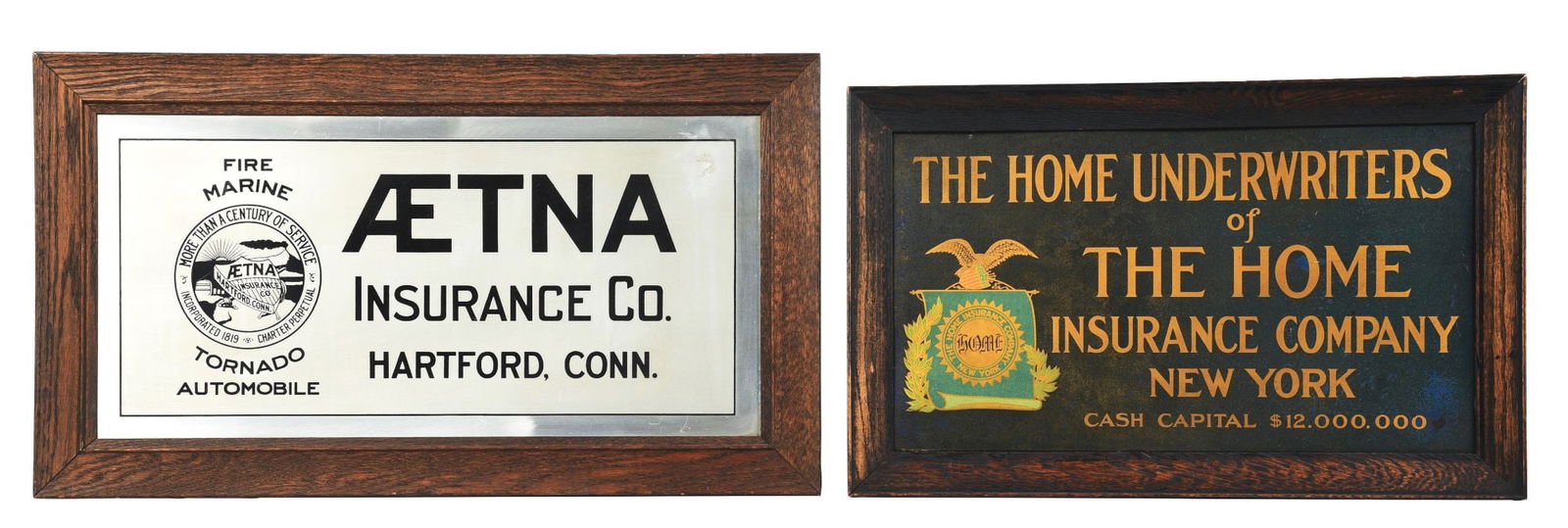 COLLECTION OF 2: METAL INSURANCE SIGNS W/ WOOD FRAMES. (1 of 2)